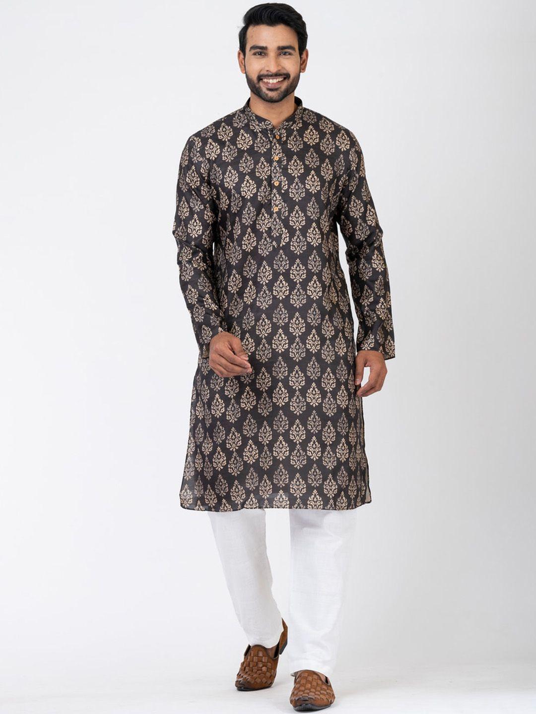 hu - handcrafted uniquely men grey ethnic motifs printed regular linen kurta with pyjamas