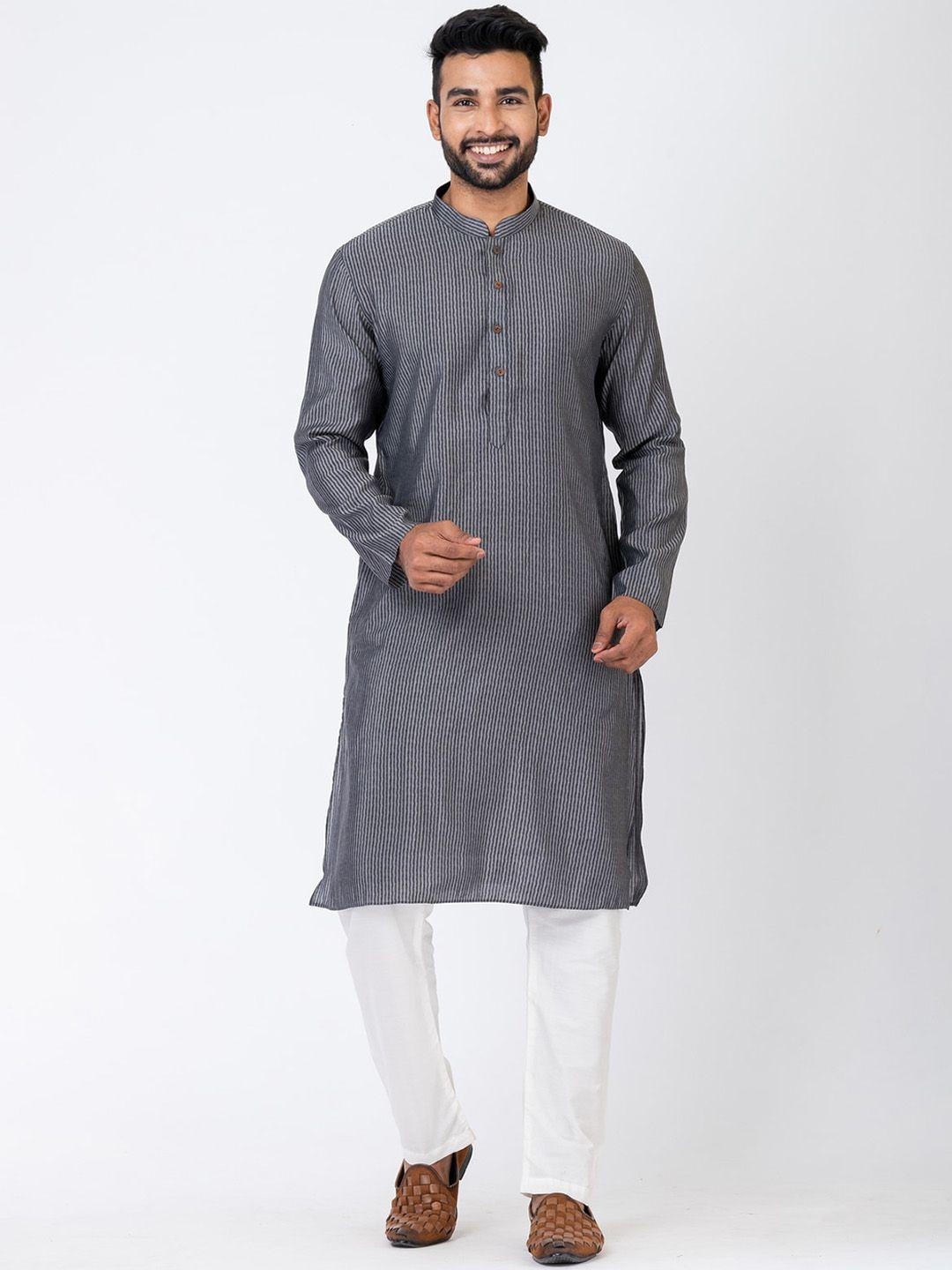 hu - handcrafted uniquely men grey striped regular kurta with pyjamas