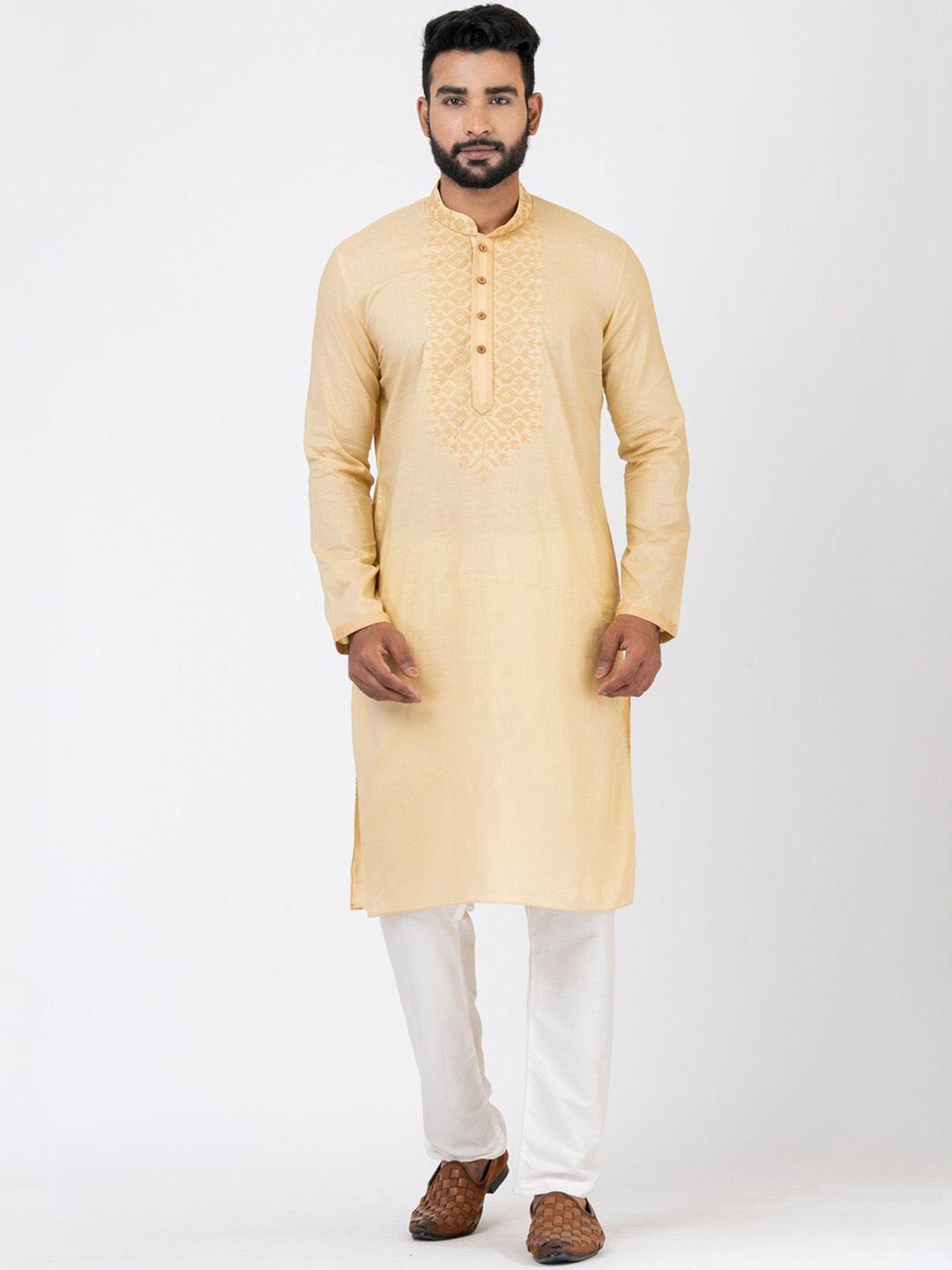 hu - handcrafted uniquely men khaki ethnic motifs embroidered regular thread work kurta with pyjamas