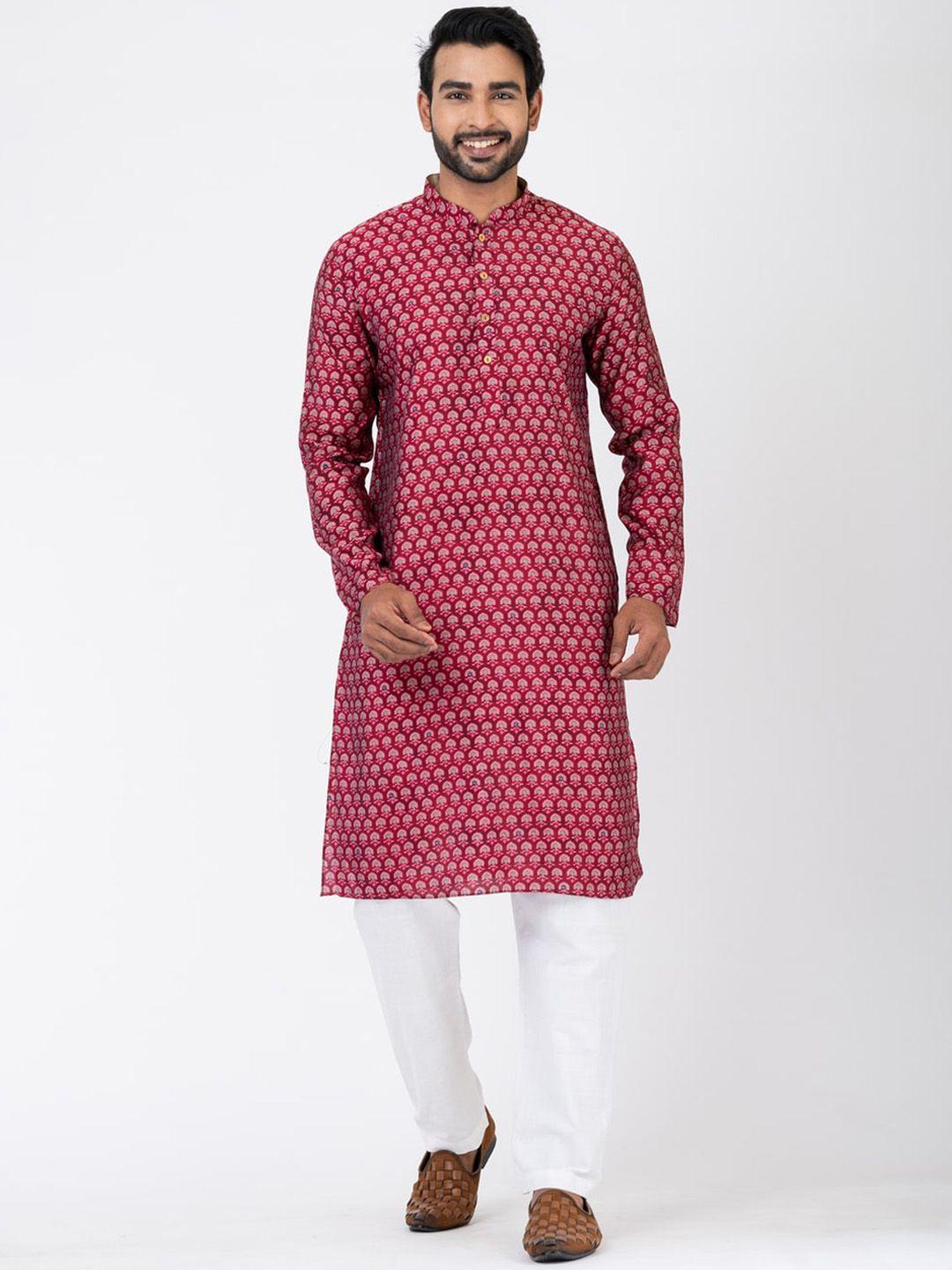 hu - handcrafted uniquely men maroon ethnic motifs printed regular kurta with pyjamas