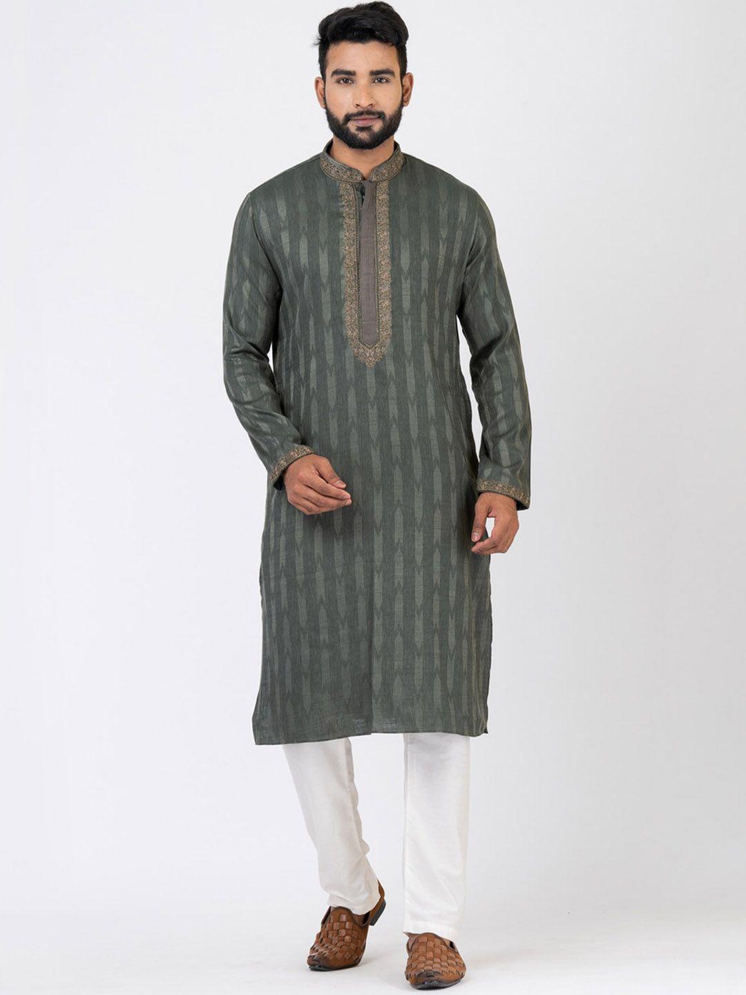 hu - handcrafted uniquely men olive green ethnic motifs regular thread work kurta with pyjamas
