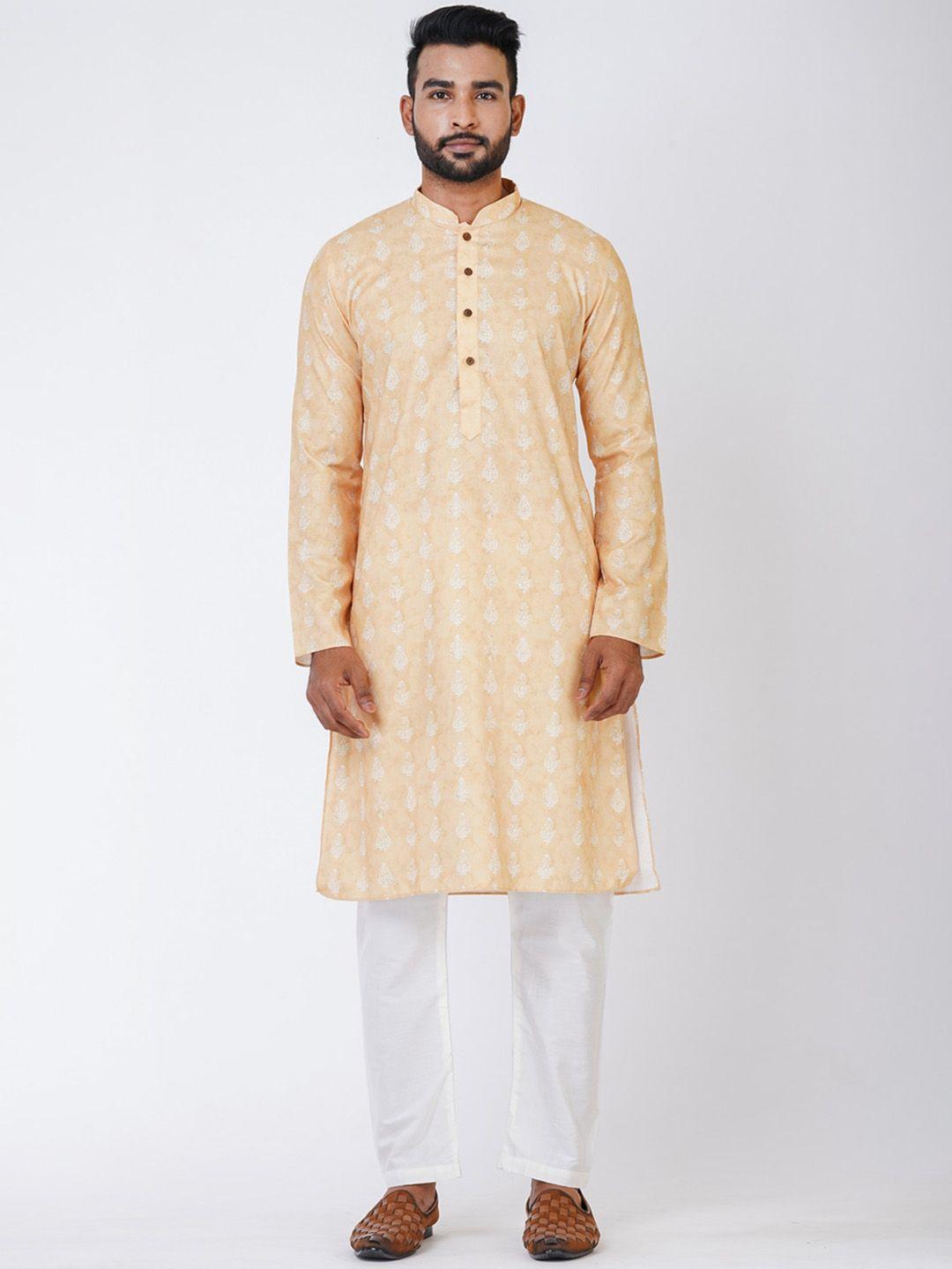 hu - handcrafted uniquely men peach-coloured ethnic motifs printed regular kurta with pyjamas