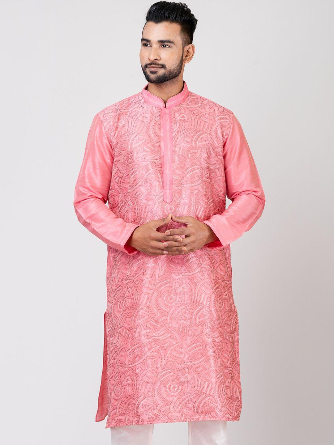 hu - handcrafted uniquely men pink embroidered regular thread work dupion silk kurta with pyjamas