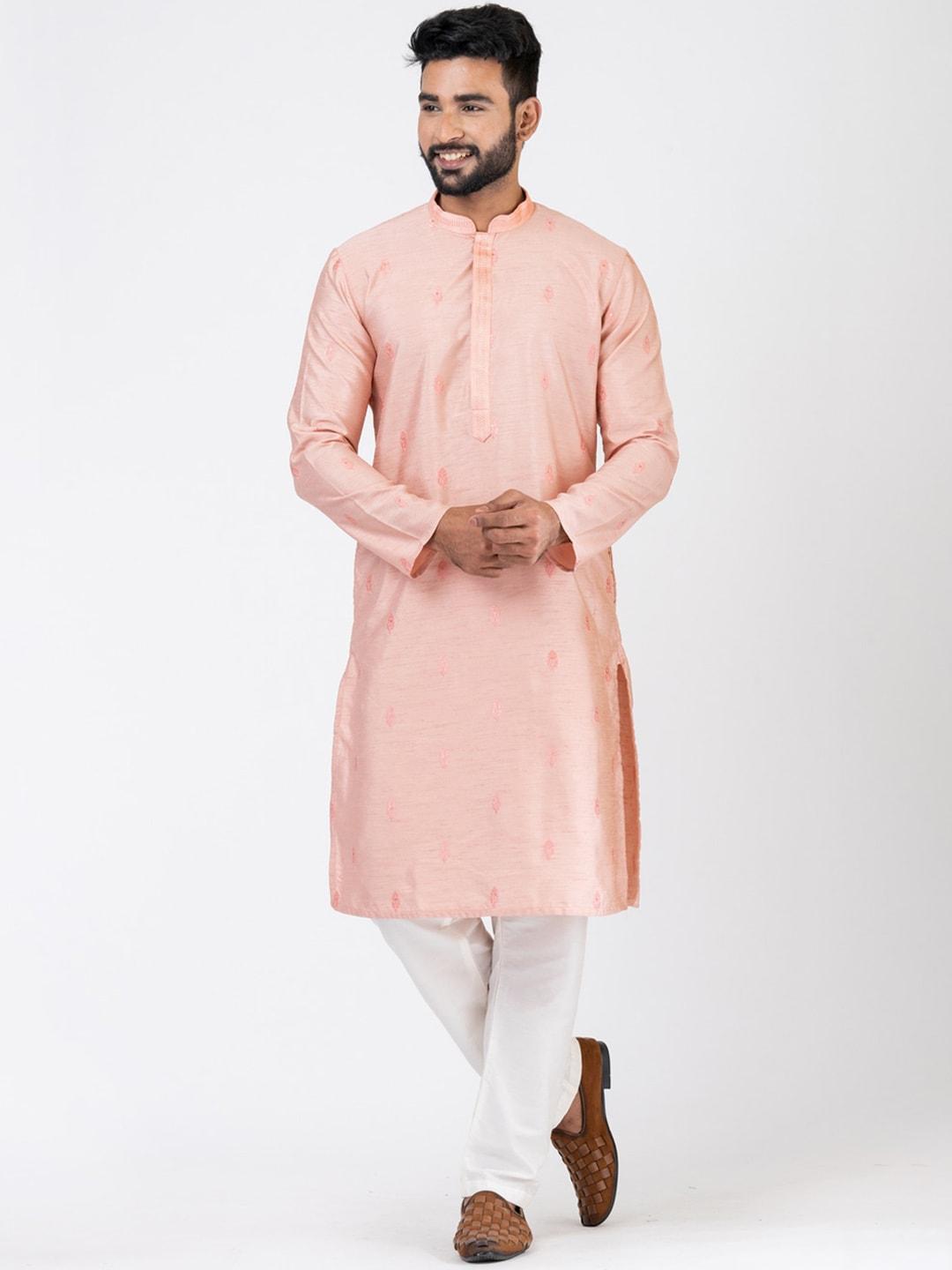 hu - handcrafted uniquely men pink ethnic motifs embroidered regular thread work dupion silk kurta with