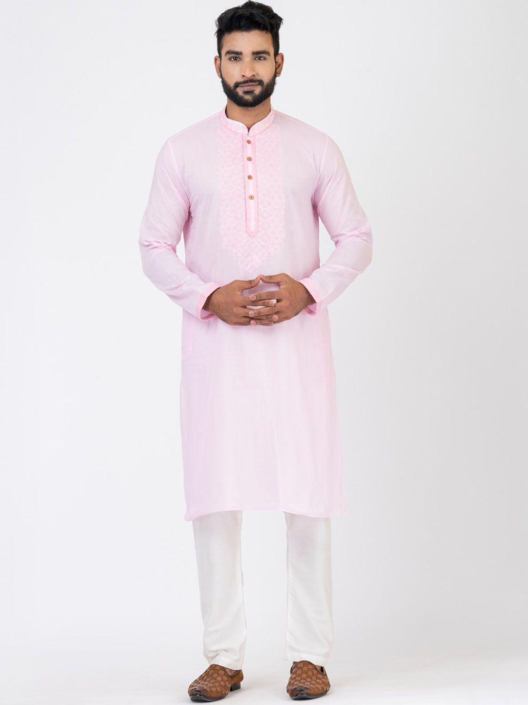 hu - handcrafted uniquely men pink regular thread work kurta with pyjamas