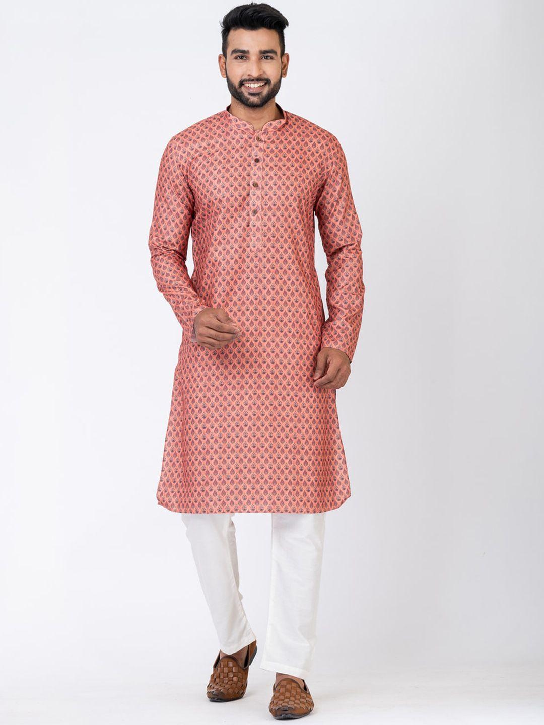 hu - handcrafted uniquely men red ethnic motifs printed regular kurta with pyjamas