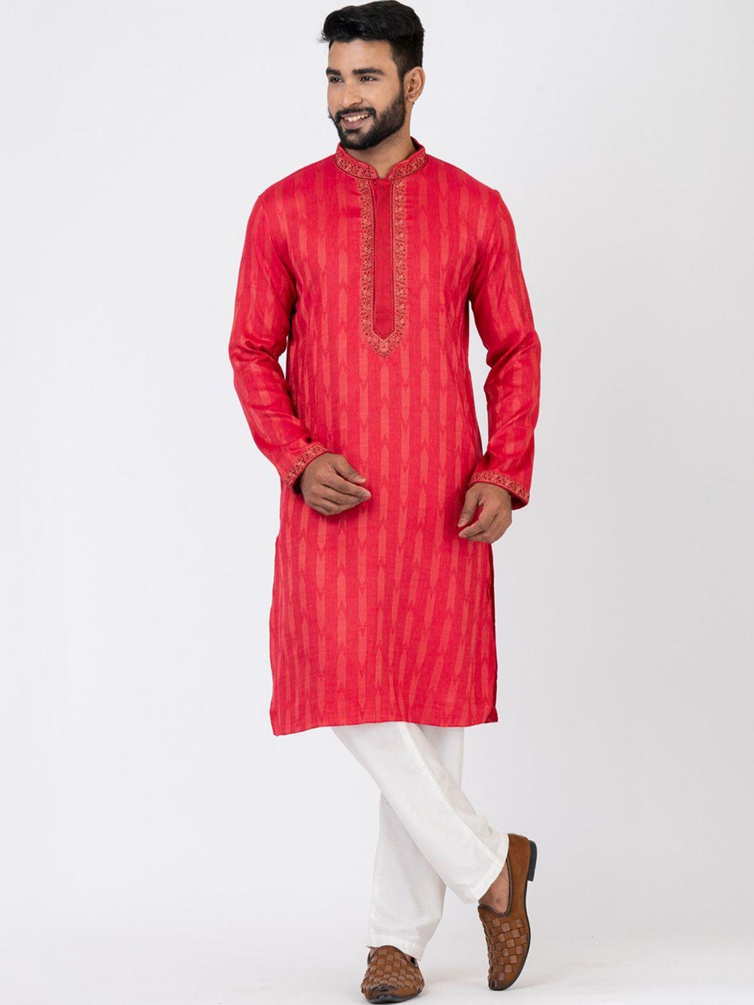 hu - handcrafted uniquely men red regular thread work kurta with pyjamas