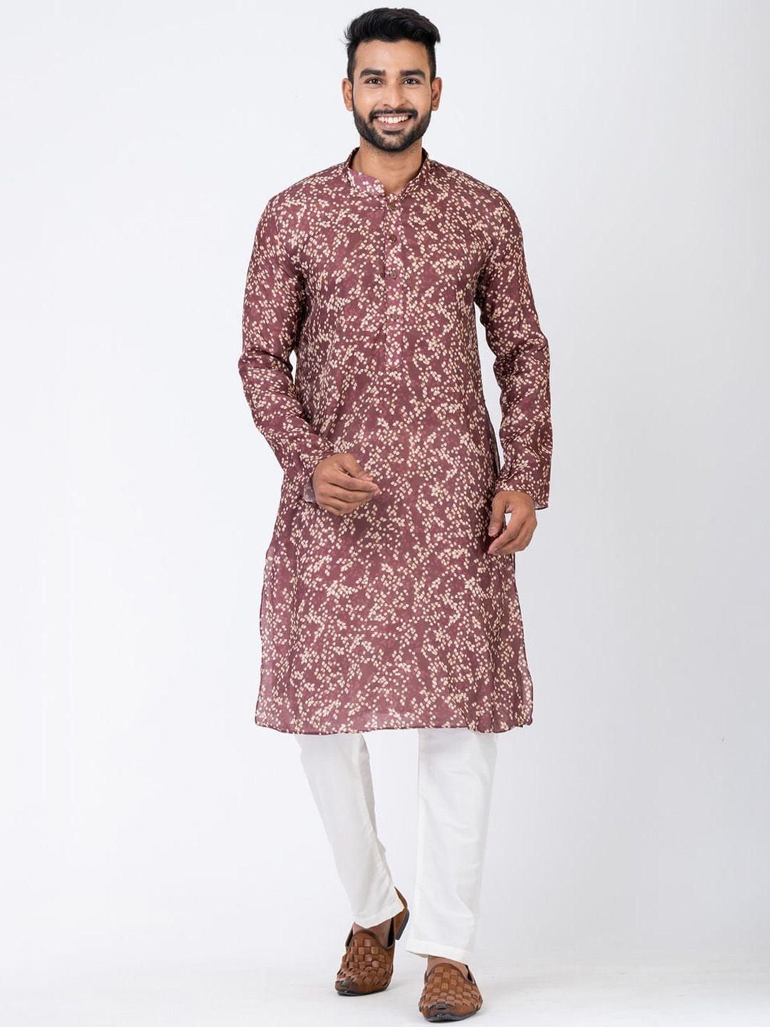 hu - handcrafted uniquely men rust printed regular chanderi cotton kurta with pyjamas