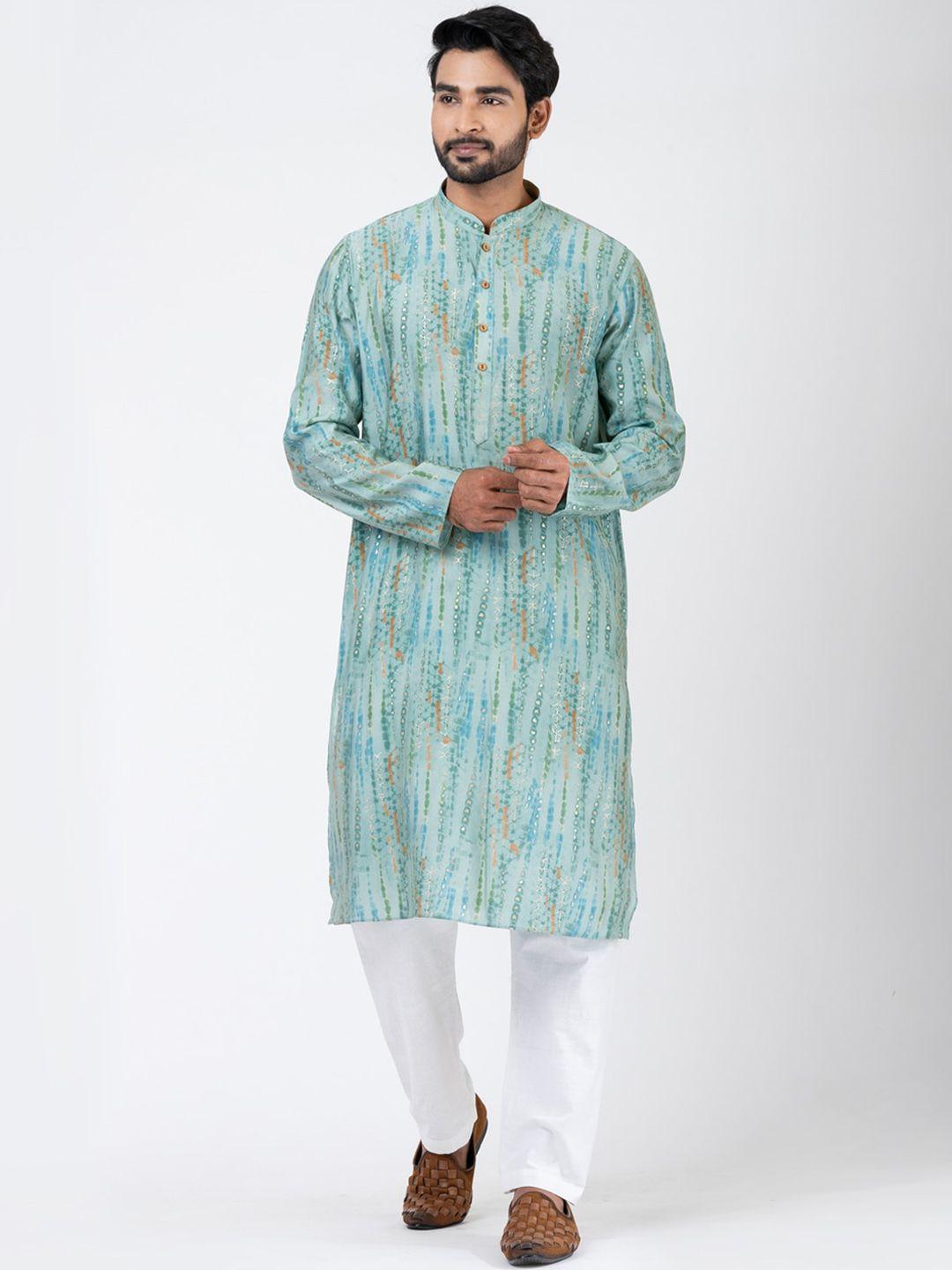 hu - handcrafted uniquely men sea green dyed regular kurta with pyjamas