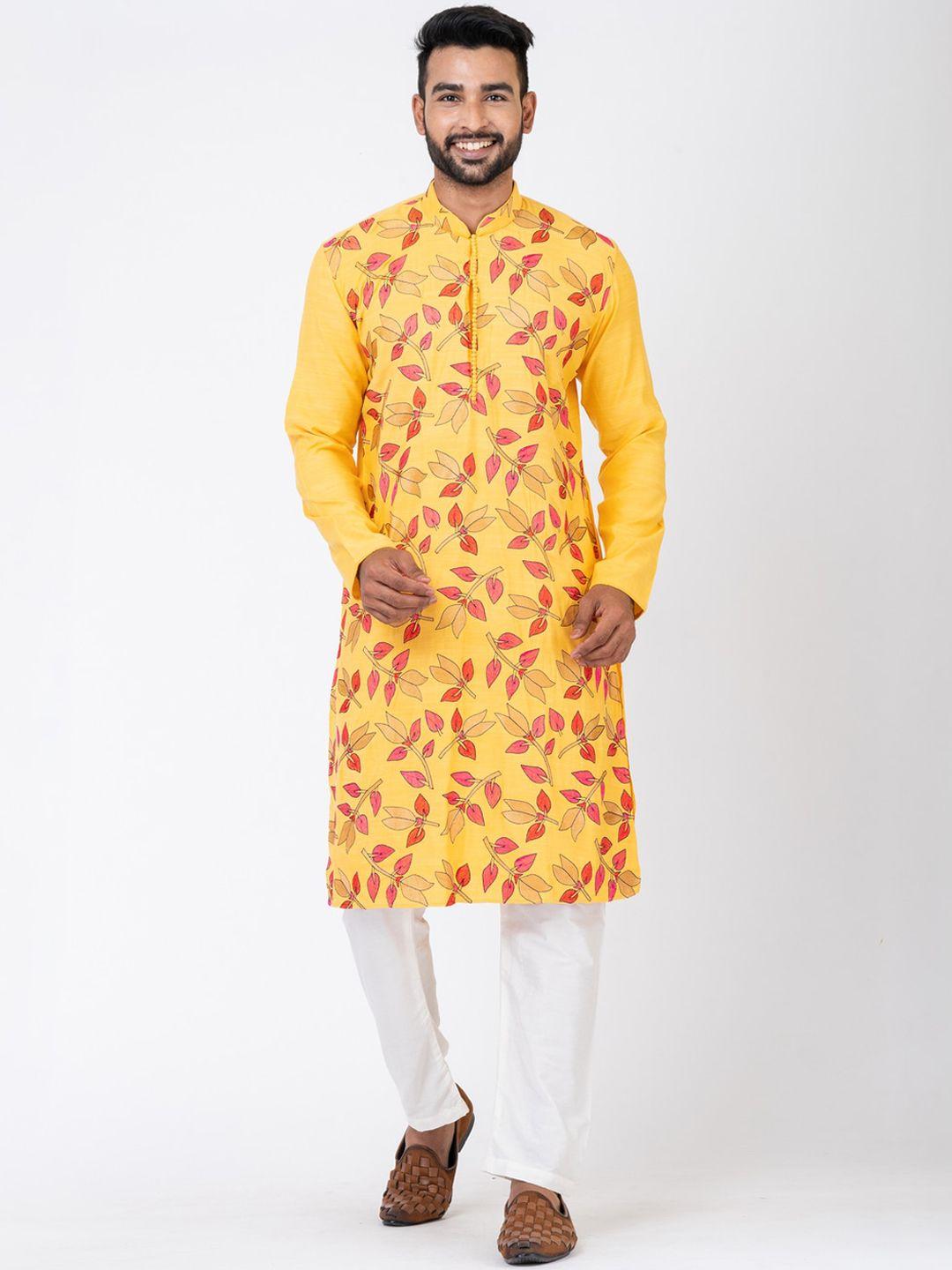 hu - handcrafted uniquely men yellow floral embroidered regular thread work kurta with pyjamas