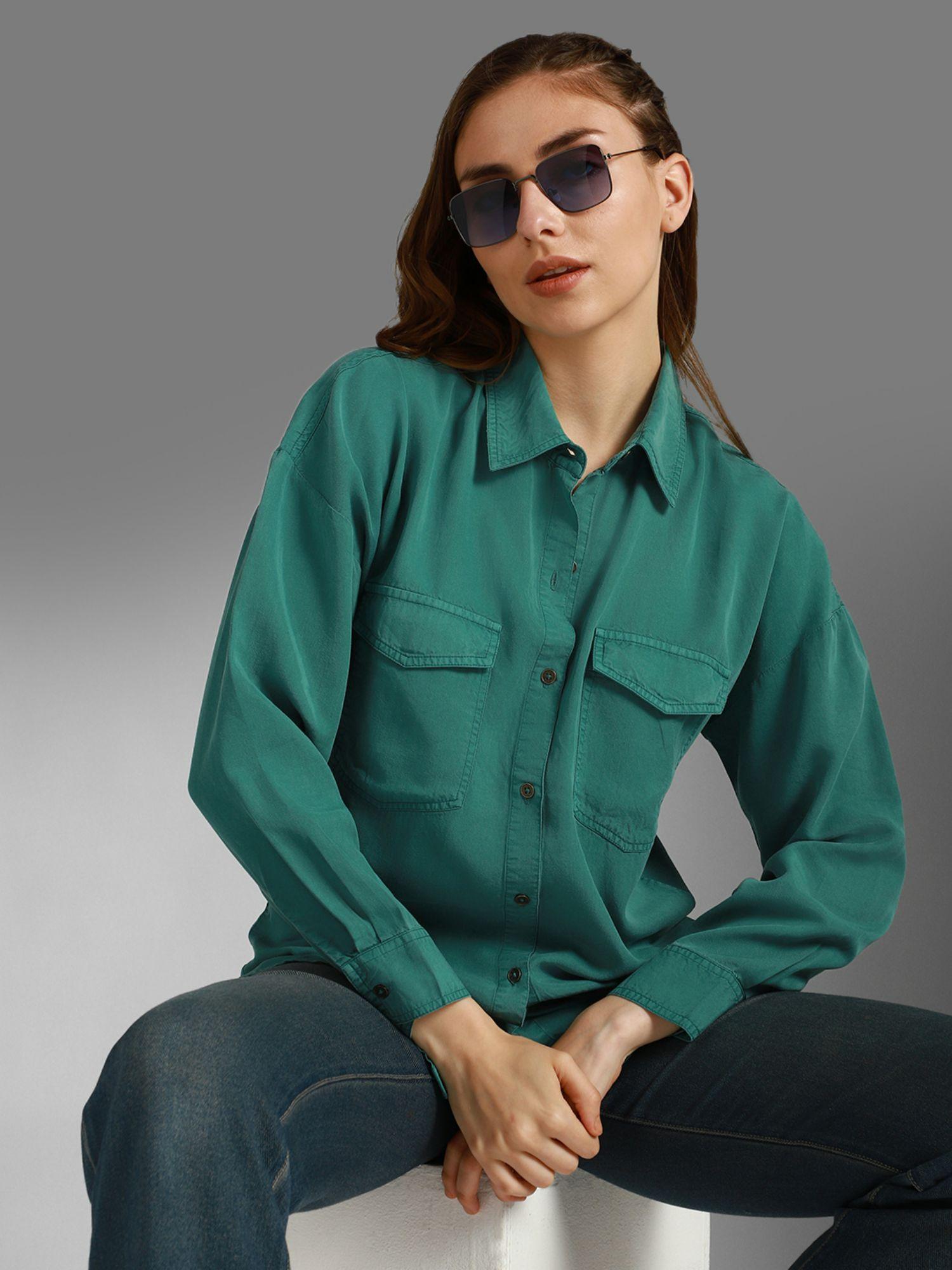 hubber holme green cotton spread collar woven shirt