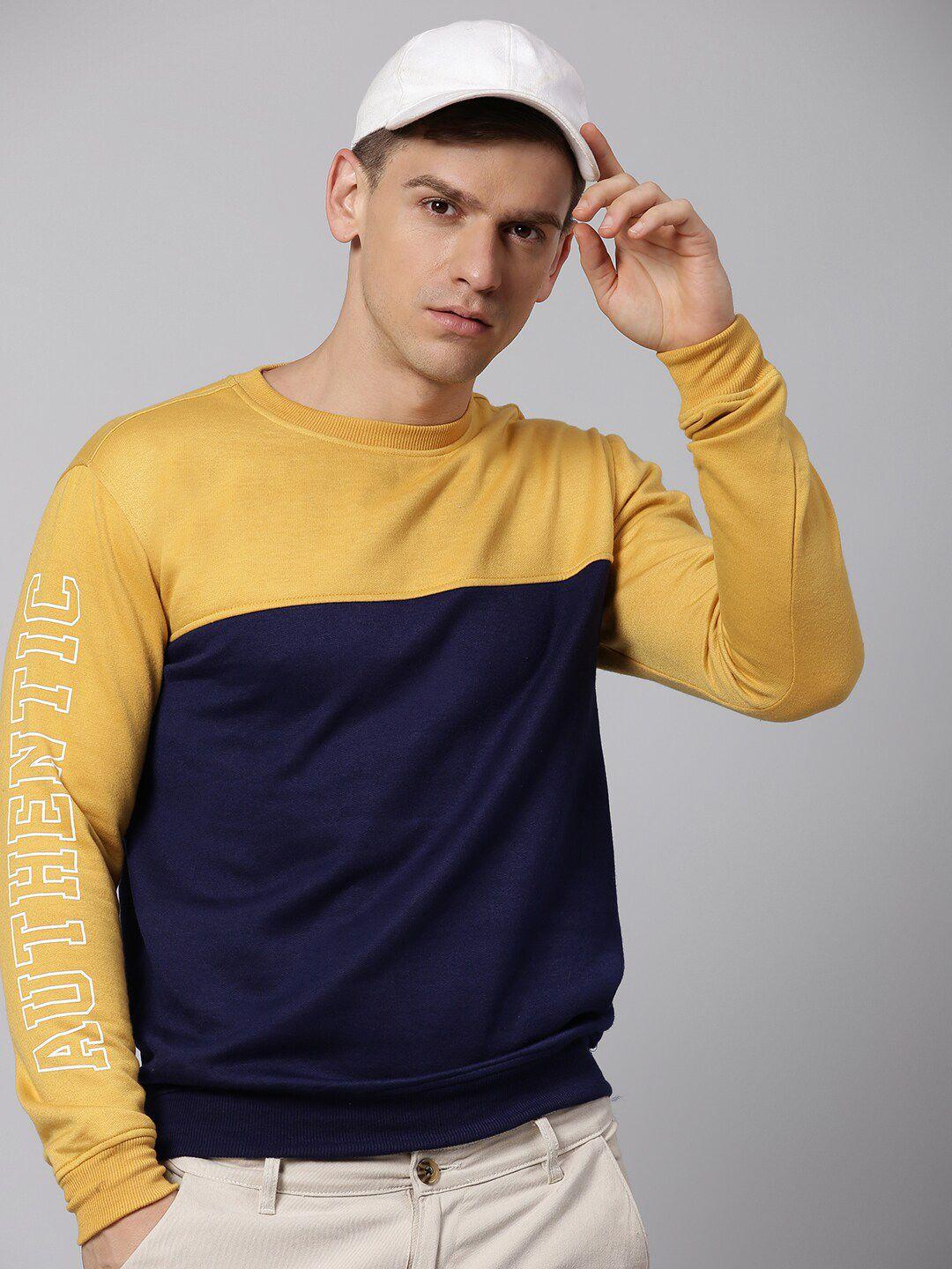 hubberholme men mustard yellow & navy blue colourblocked sweatshirt