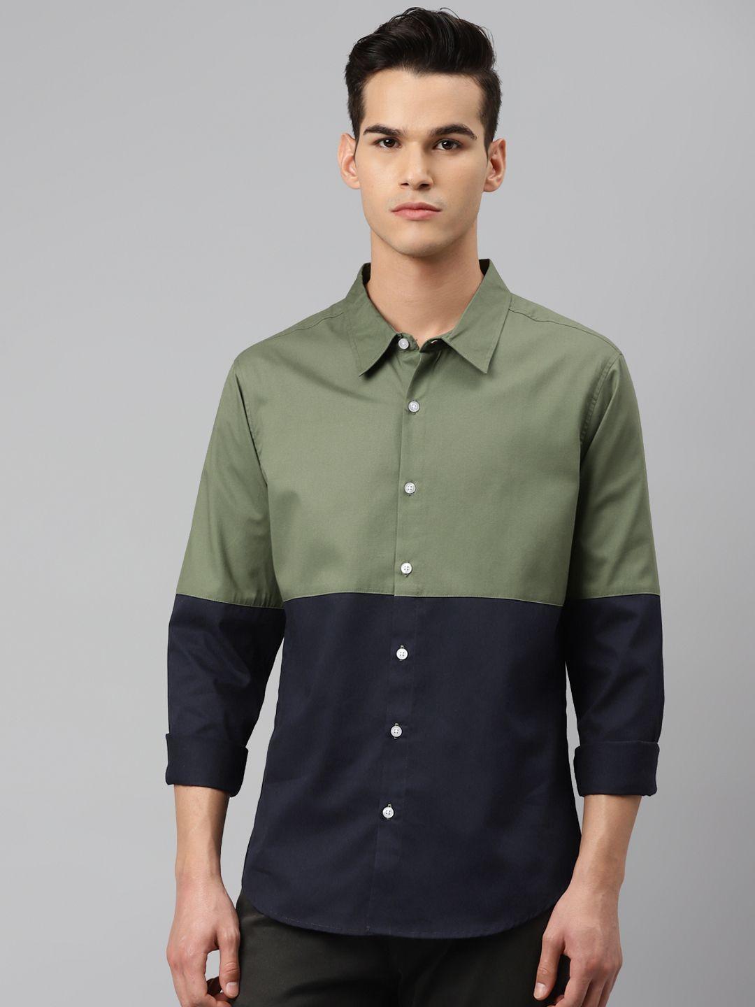 hubberholme men olive green & navy blue pure cotton colourblocked casual shirt