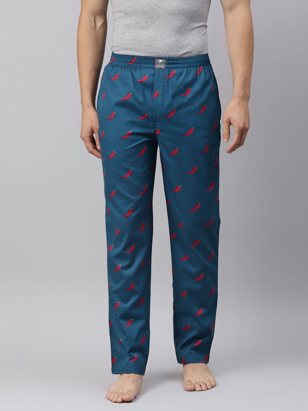 hubberholme men teal blue & red conversational printed pure cotton straight lounge pants