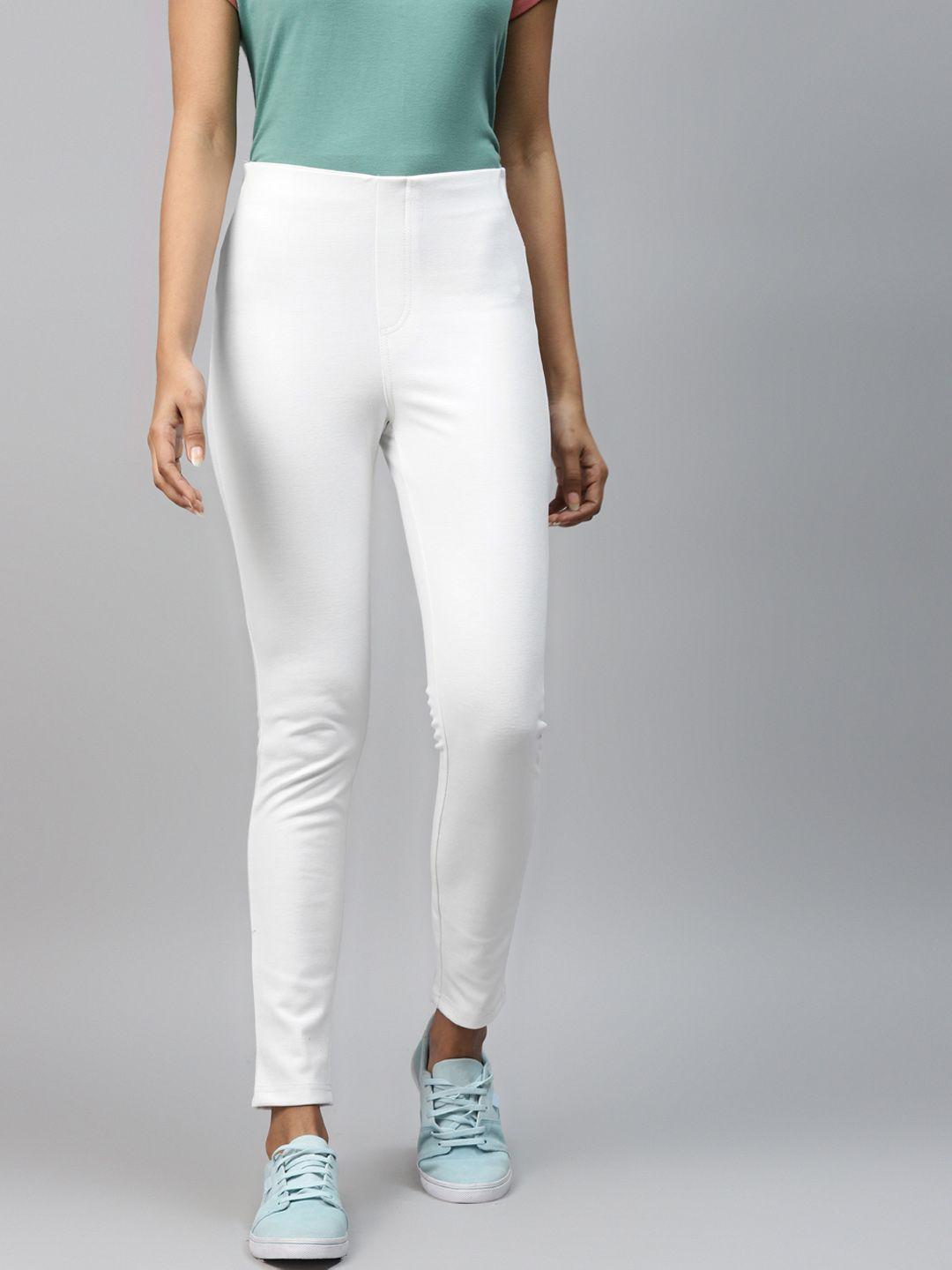 hubberholme women white solid skiny fit cropped jeggings