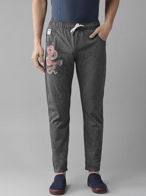 hubberholme charcoal grey slim fit printed trackpants