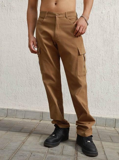 hubberholme khaki cotton loose fit mid-rise trousers