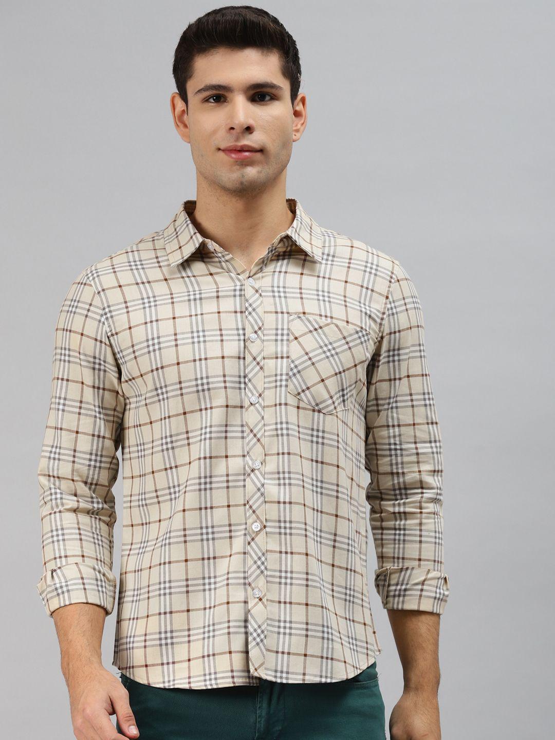 hubberholme men beige opaque checked casual shirt