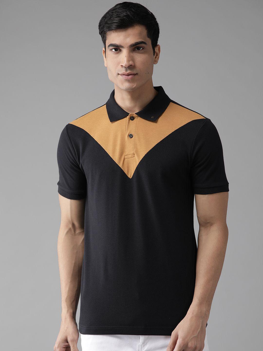 hubberholme men black & mustard yellow colourblocked polo collar t-shirt