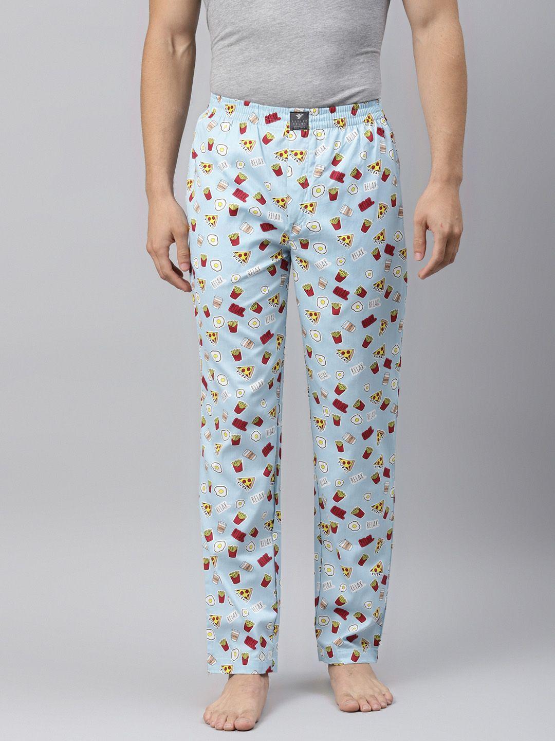 hubberholme men blue & red pure cotton conversational printed lounge pants