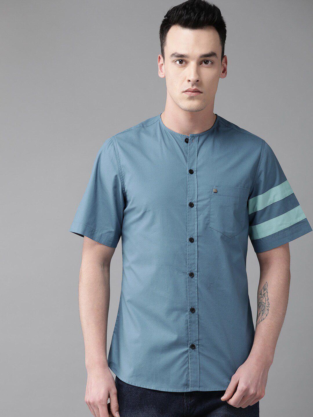 hubberholme men blue cotton contemporary casual shirt