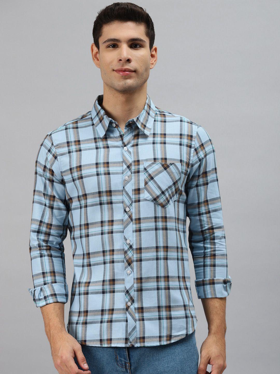 hubberholme men blue opaque checked casual shirt