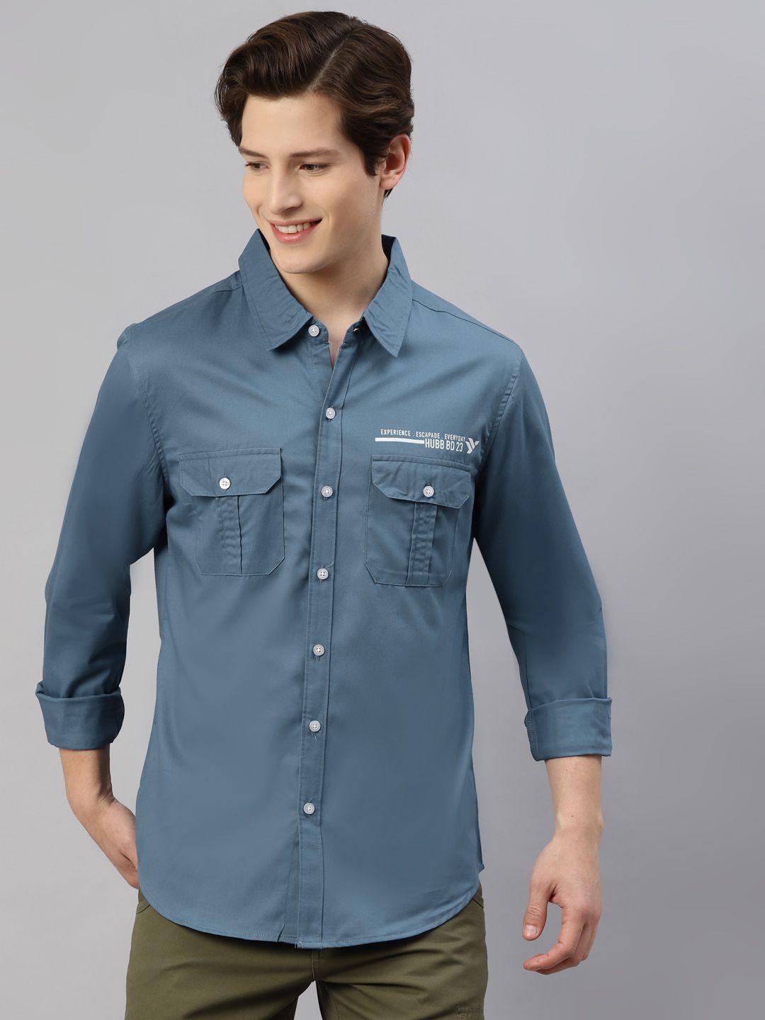 hubberholme men blue pure cotton new fit printed casual shirt