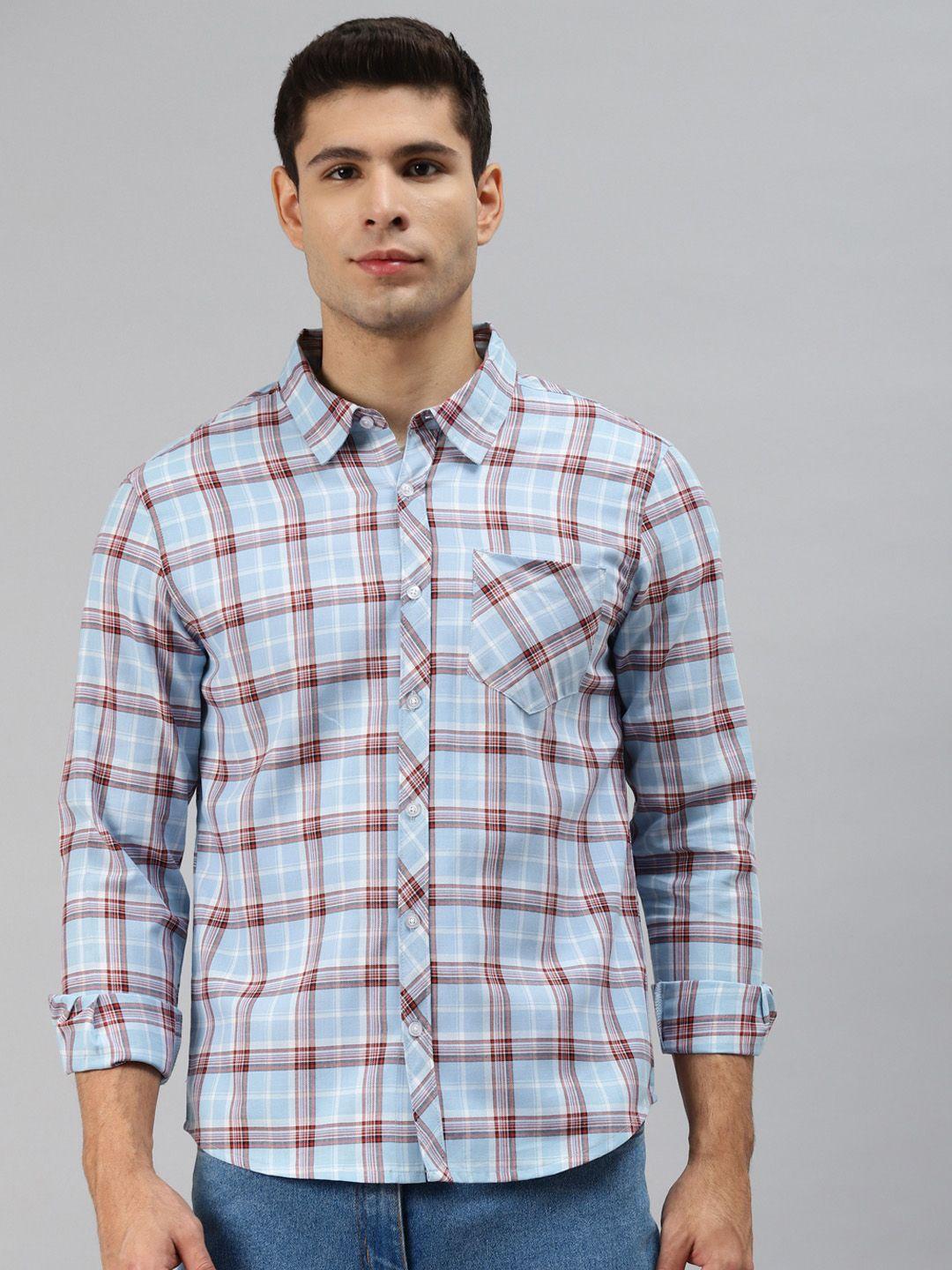 hubberholme men blue tartan checks pure cotton checked casual shirt