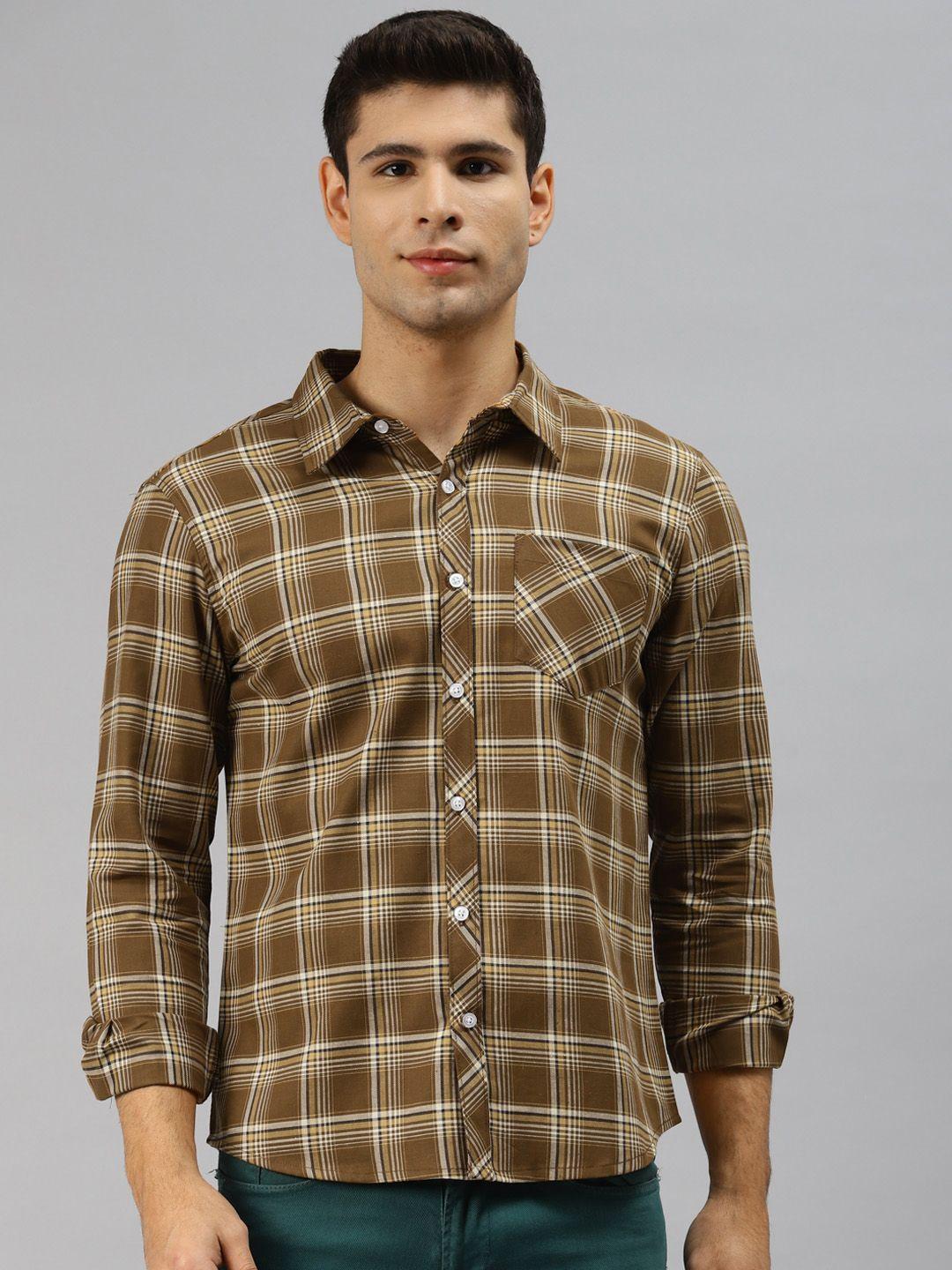 hubberholme men brown opaque checked casual shirt