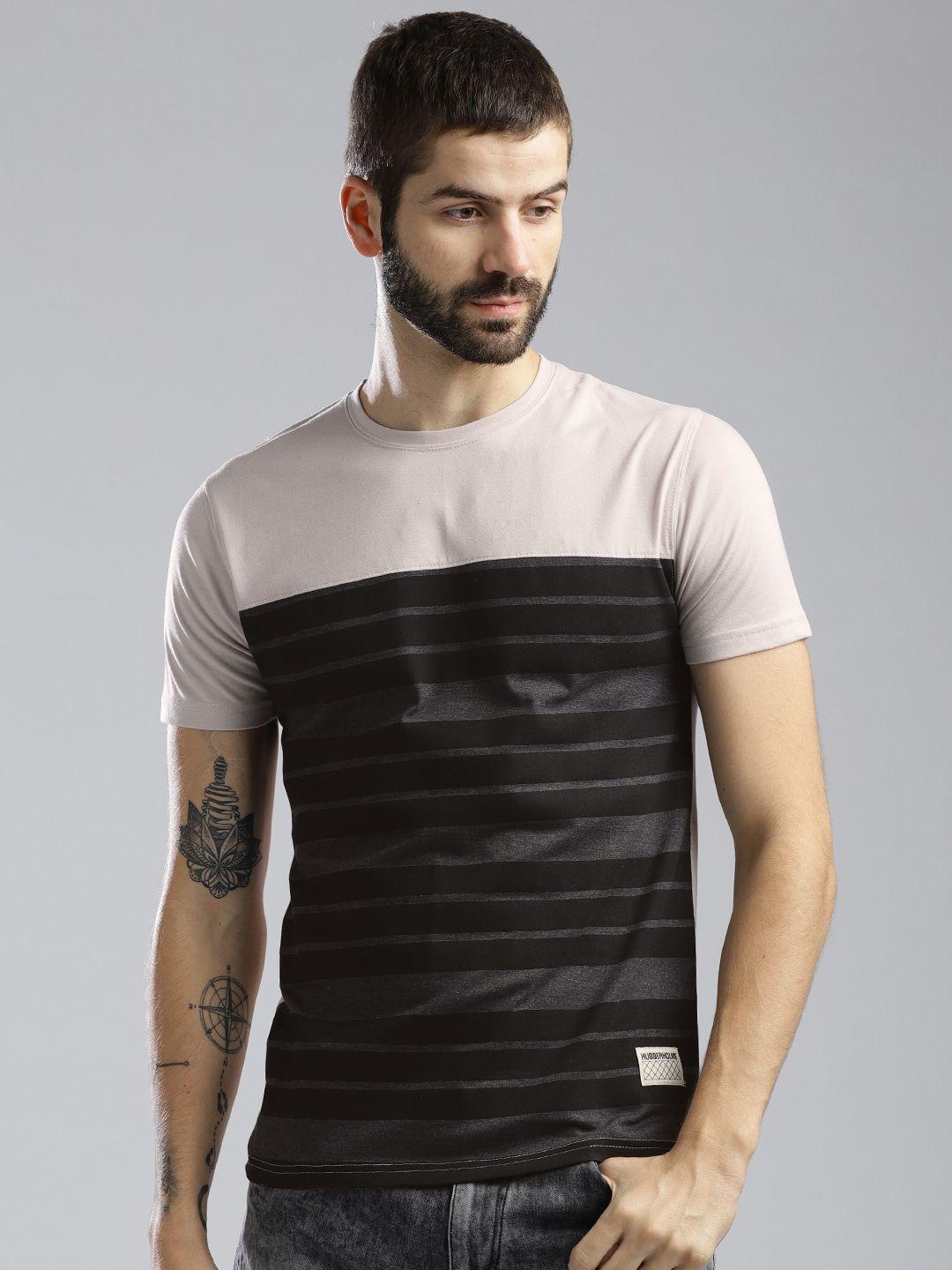 hubberholme men charcoal grey & beige striped round neck t-shirt