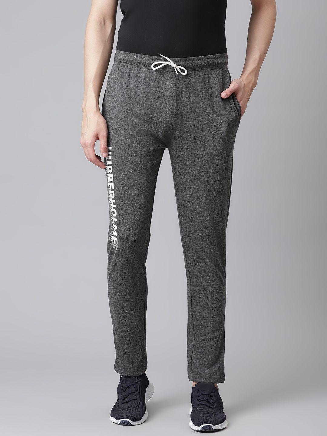 hubberholme men charcoal grey brand logo printed slim fit knitted track pants