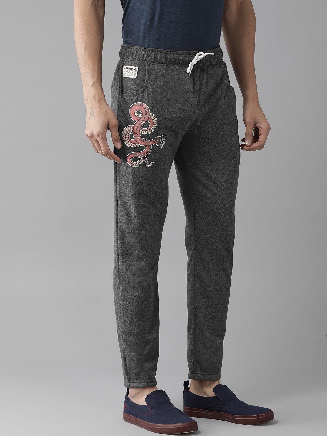 hubberholme men charcoal grey slim fit printed track pants