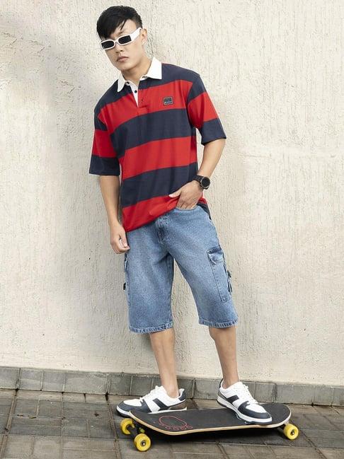 hubberholme men cotton polo collar striped oversized casual tshirt 6