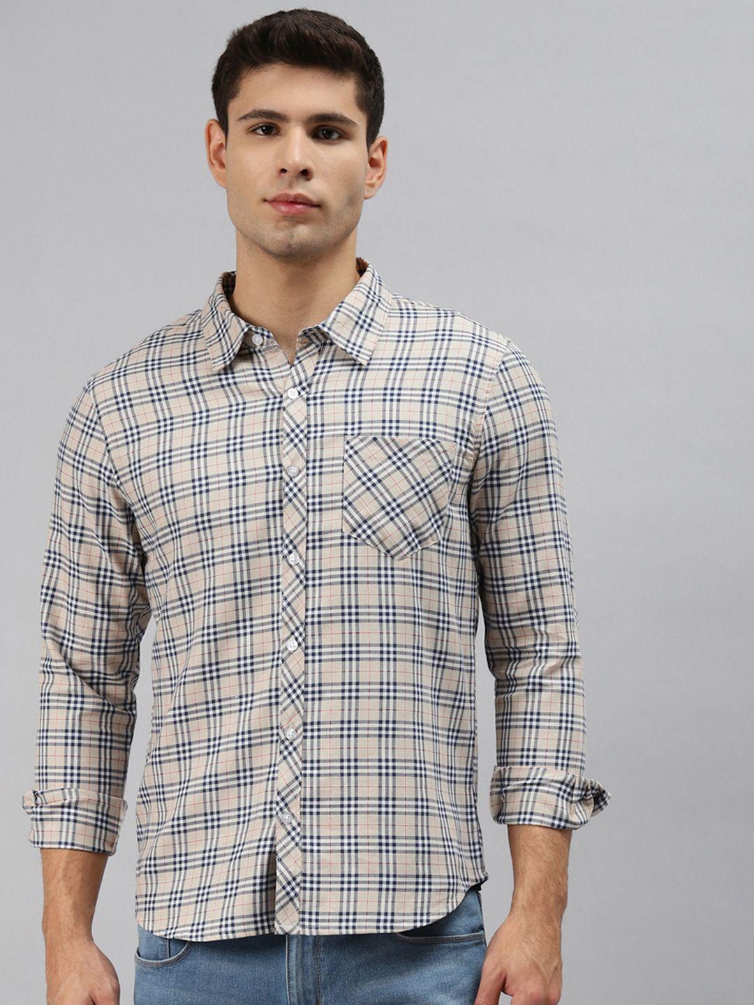 hubberholme men cream-coloured opaque checked casual shirt