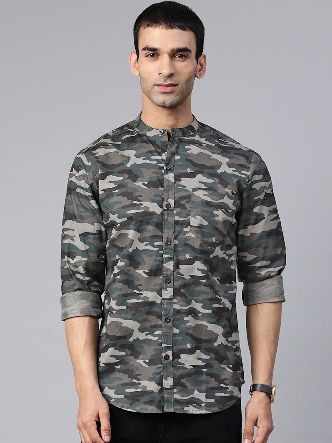 hubberholme men green camouflage printed  pure cotton casual shirt