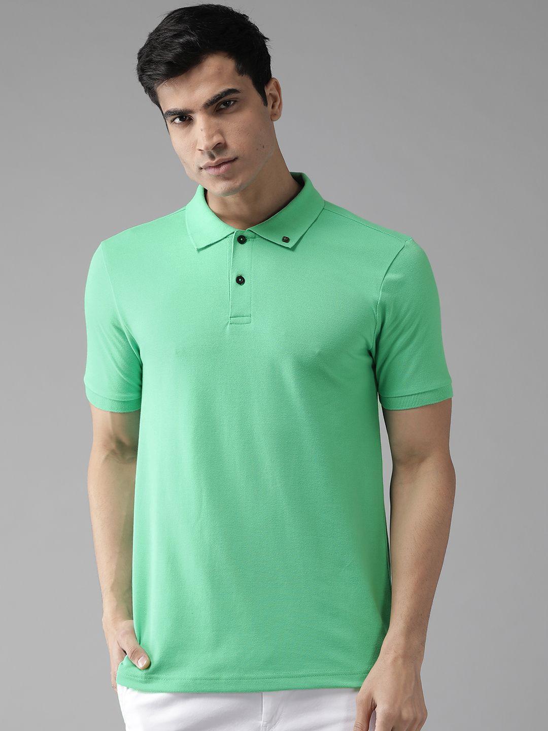 hubberholme men green solid polo collar t-shirt