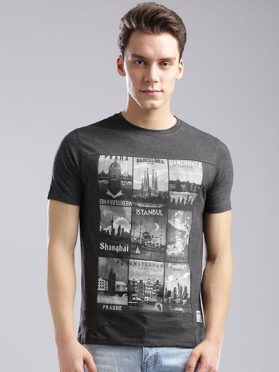 hubberholme men grey melange printed round neck t-shirt