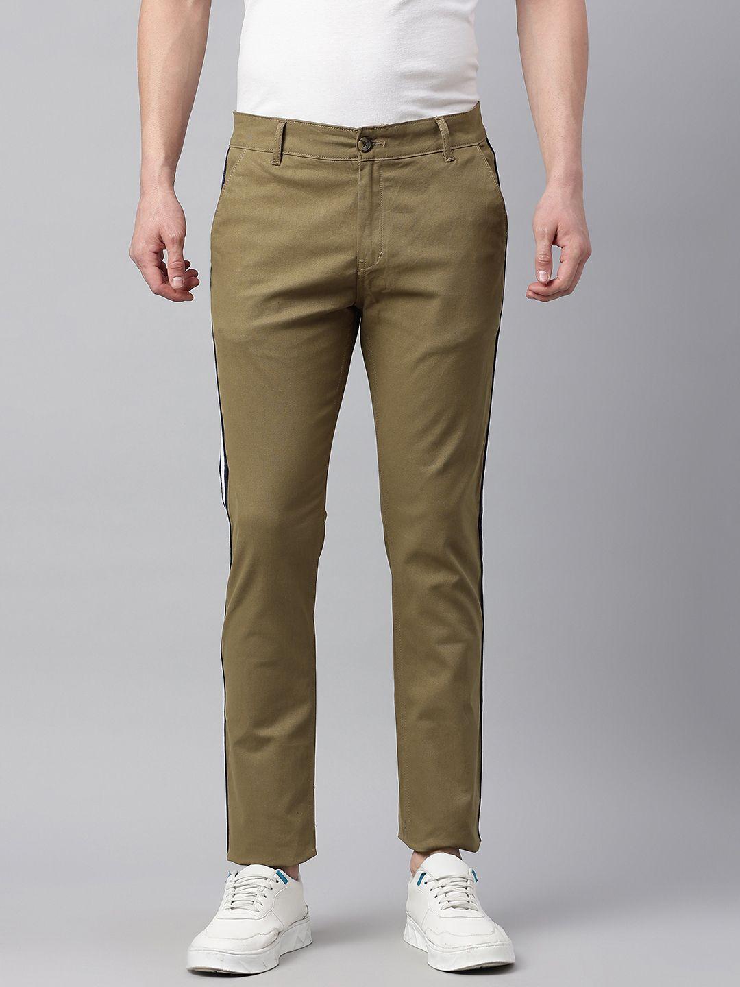 hubberholme men khaki side stripes slim fit solid chinos