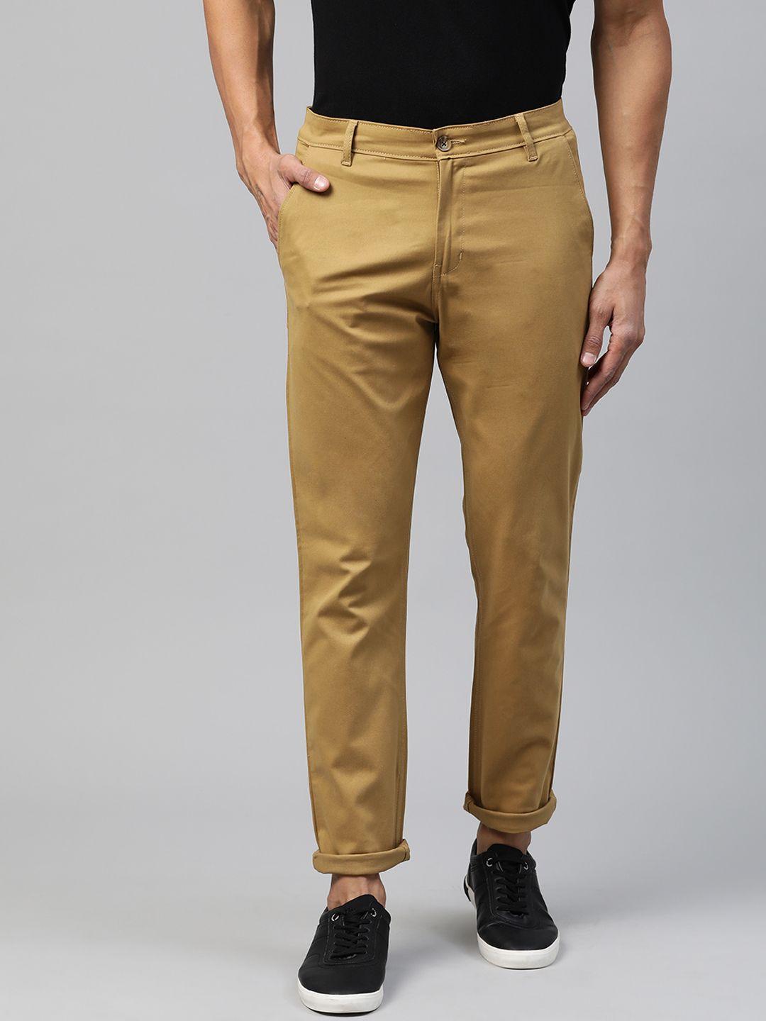 hubberholme men khaki slim fit solid chinos