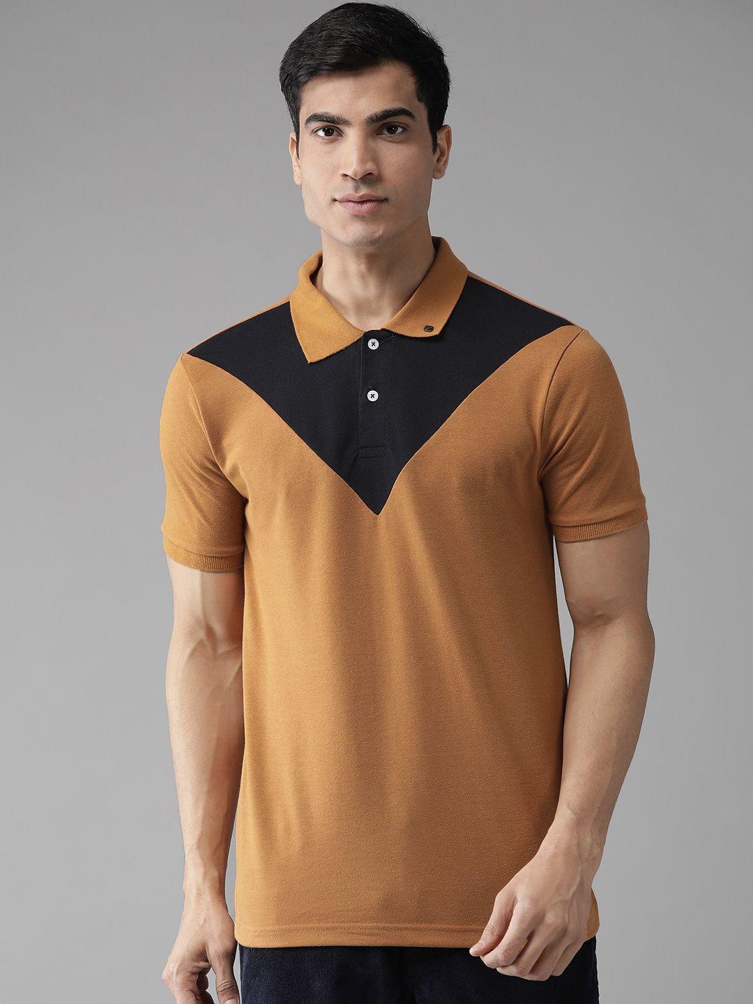 hubberholme men mustard brown & black colourblocked polo collar t-shirt