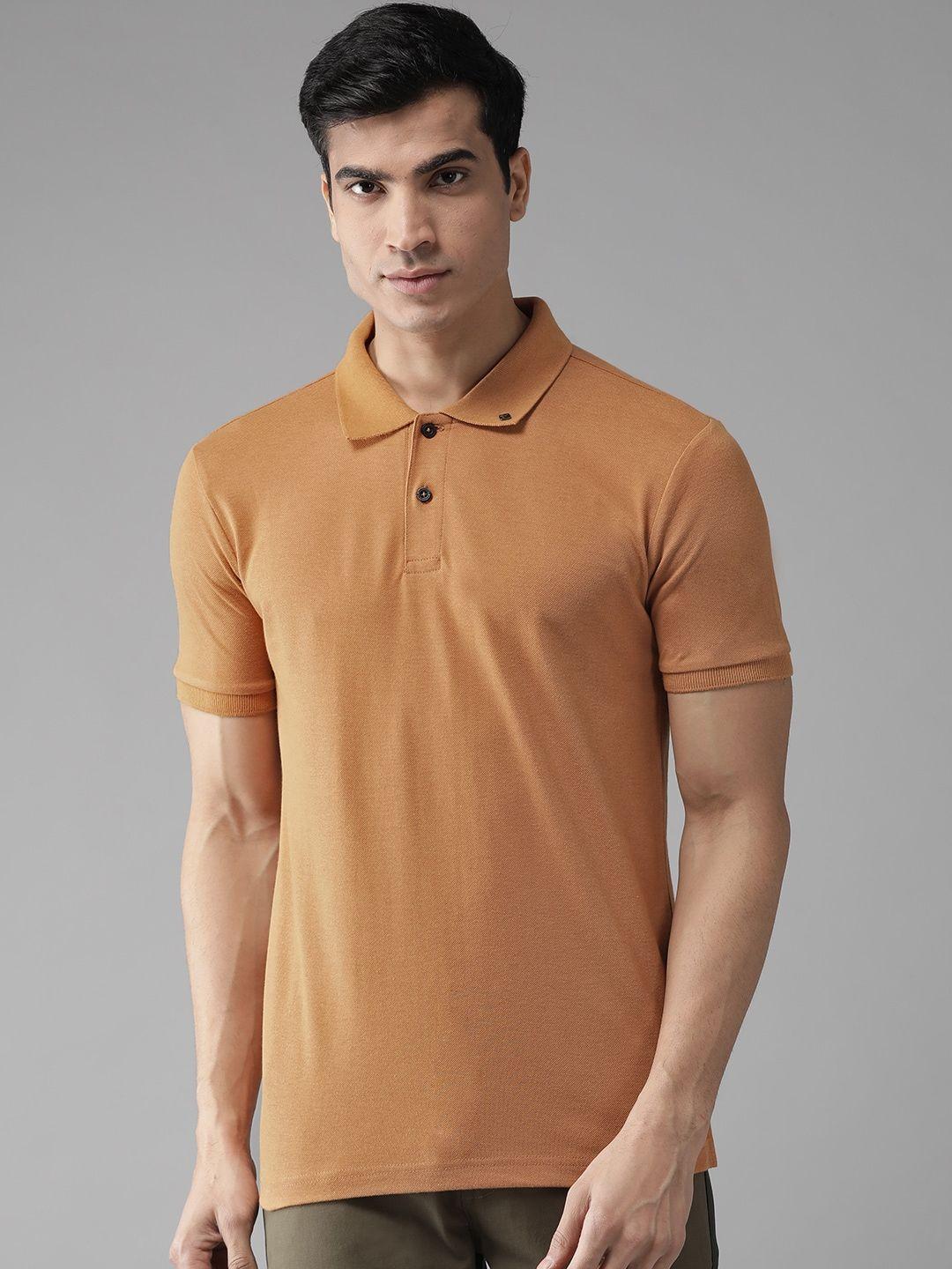 hubberholme men mustard brown solid polo collar t-shirt