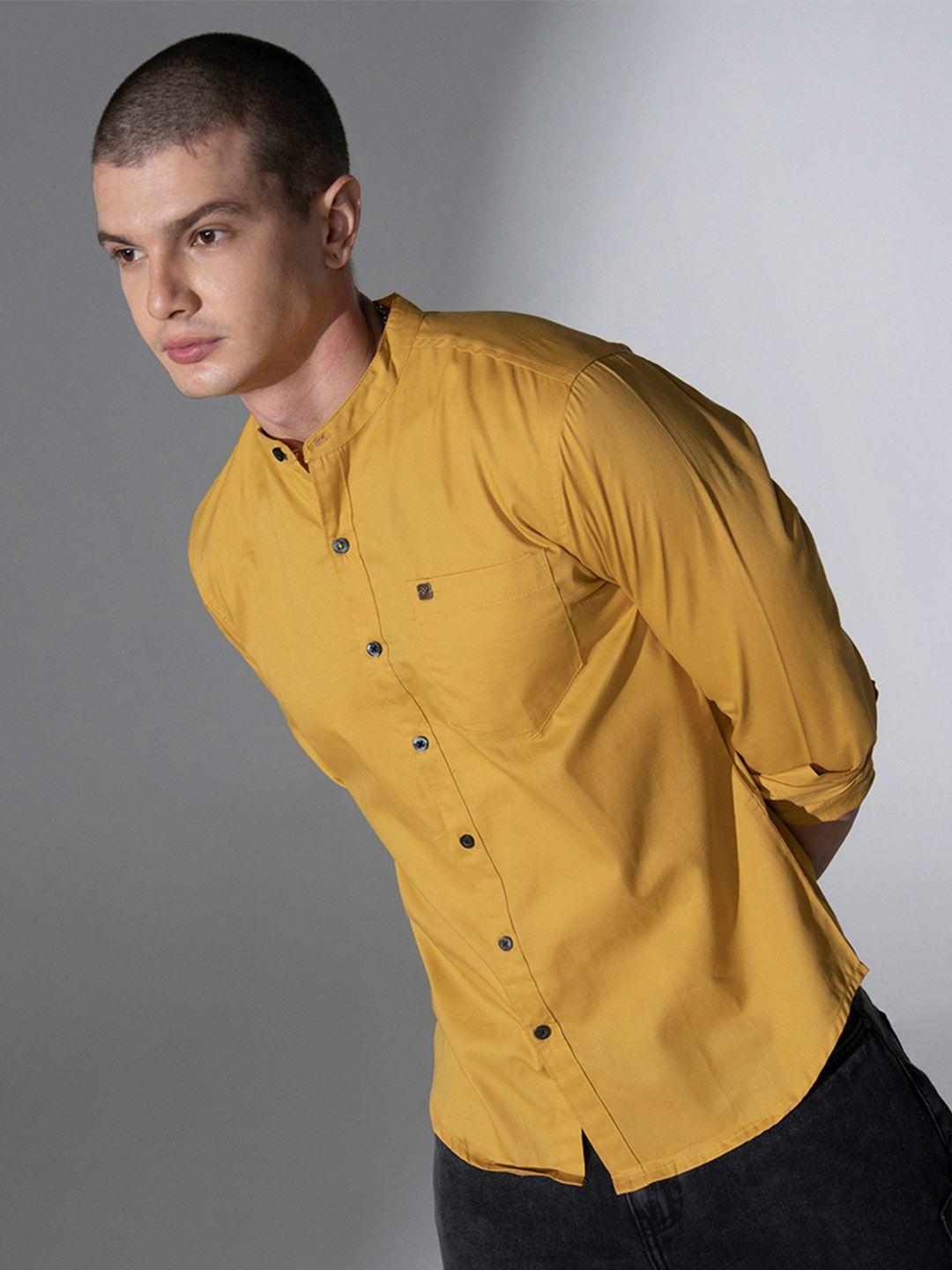 hubberholme men mustard yellow regular fit solid casual shirt