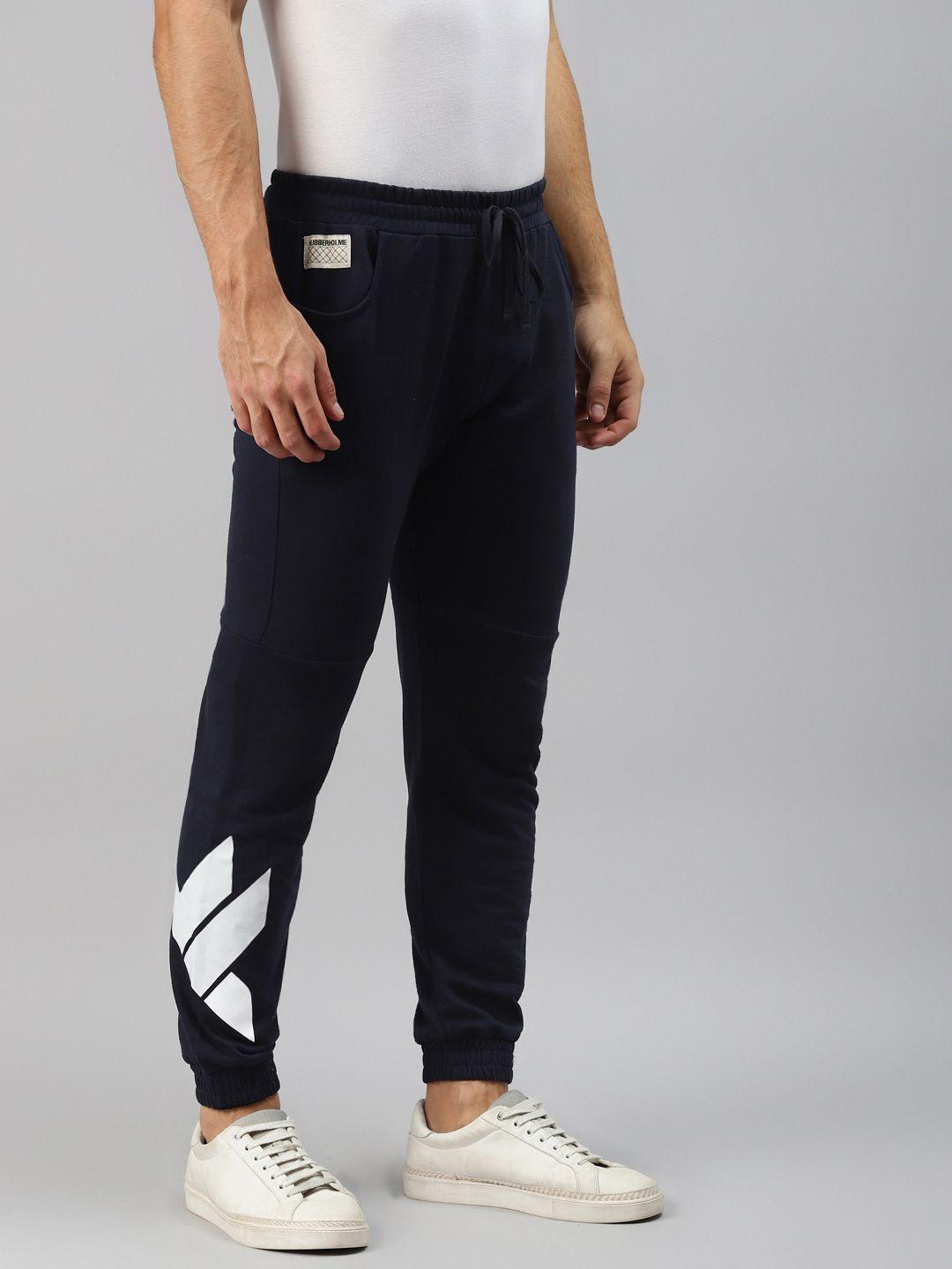 hubberholme men navy blue & white printed joggers