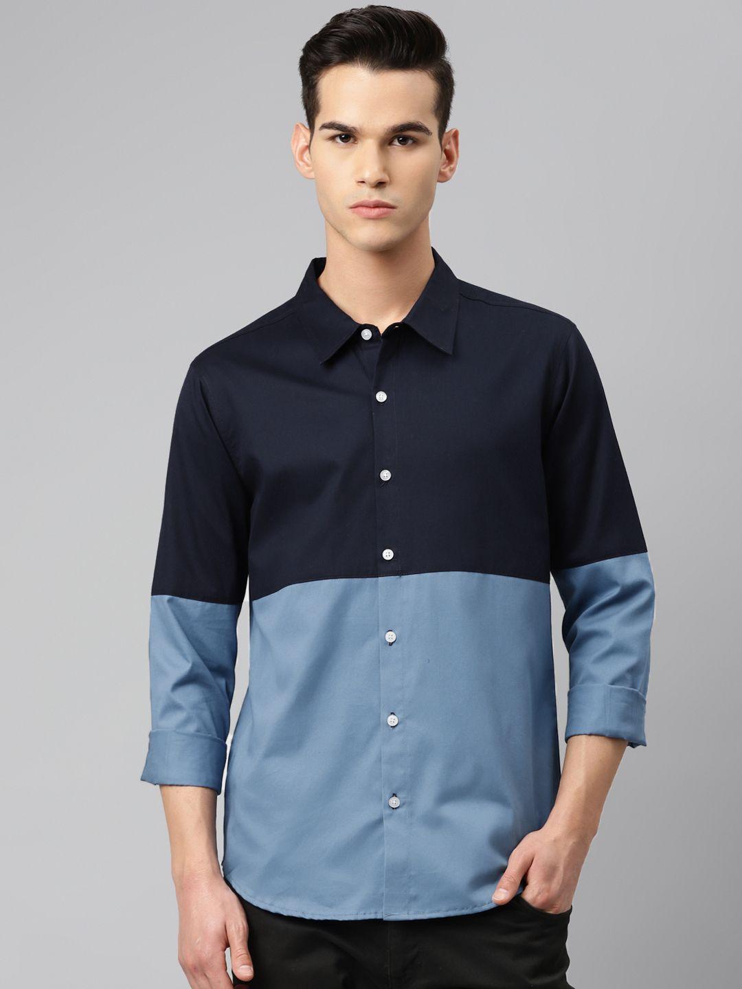 hubberholme men navy blue cotton colourblocked regular fit casual shirt