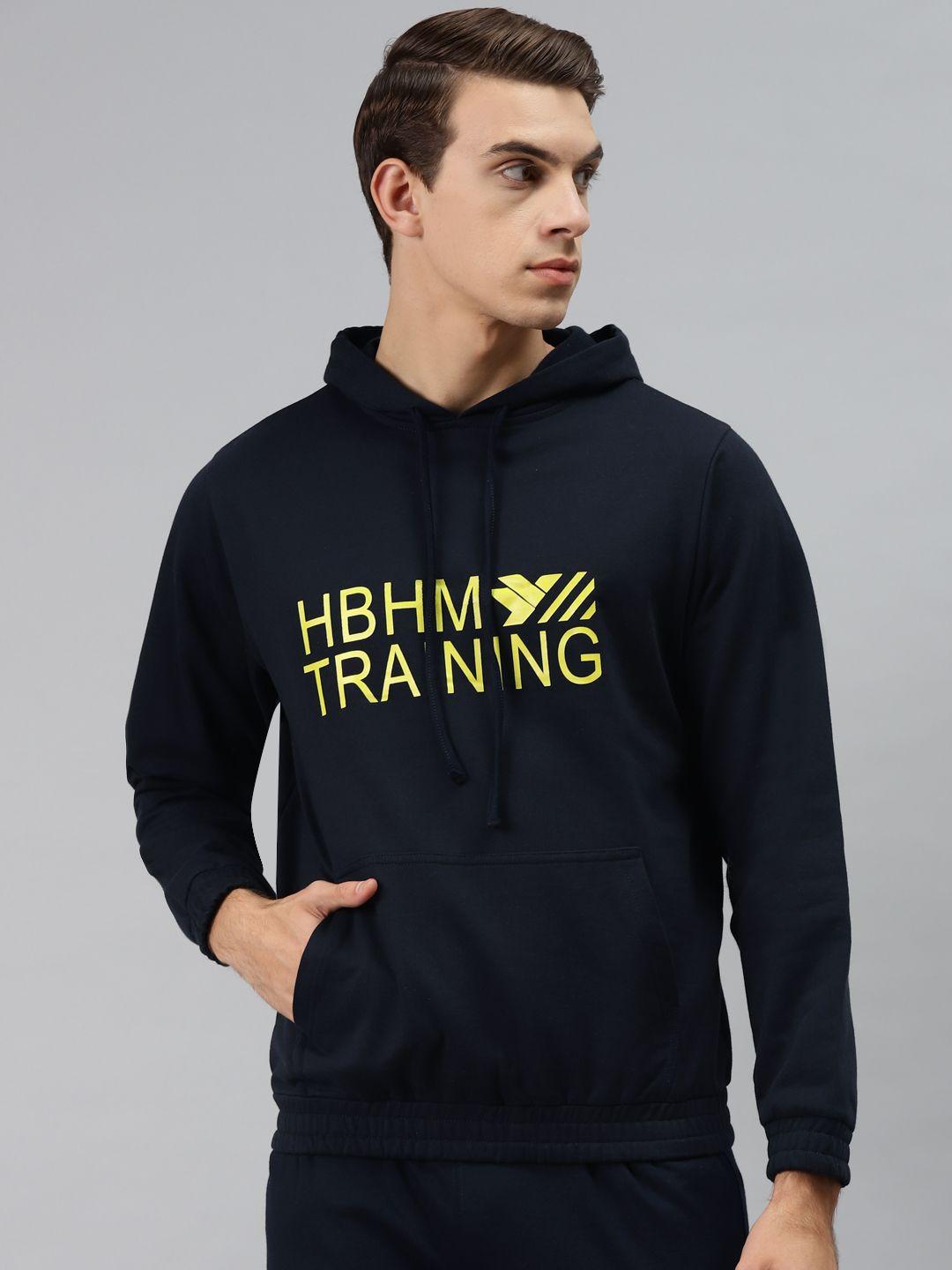 hubberholme men navy blue printed hooded sweatshirt