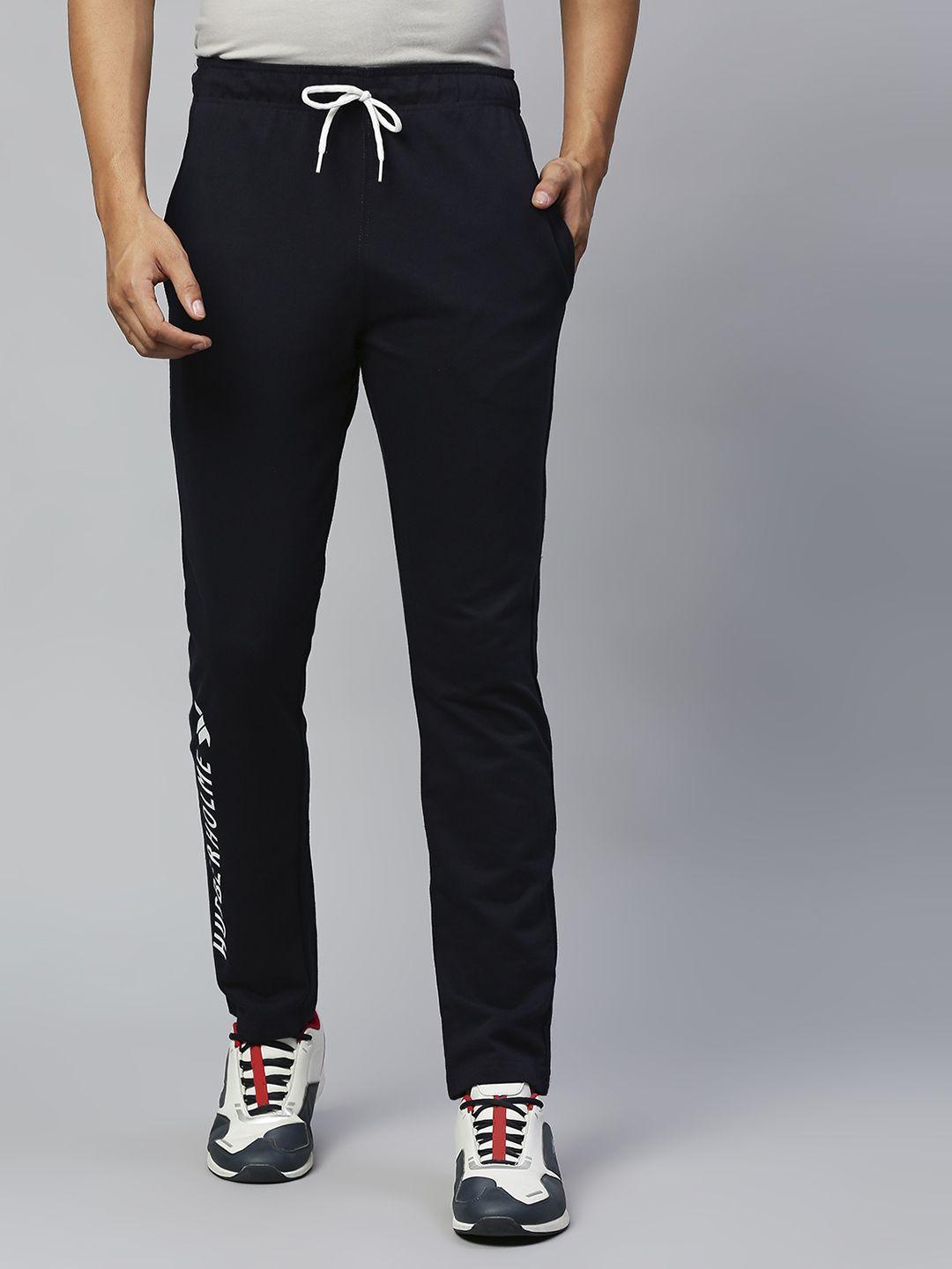 hubberholme men navy blue solid slim fit track pants