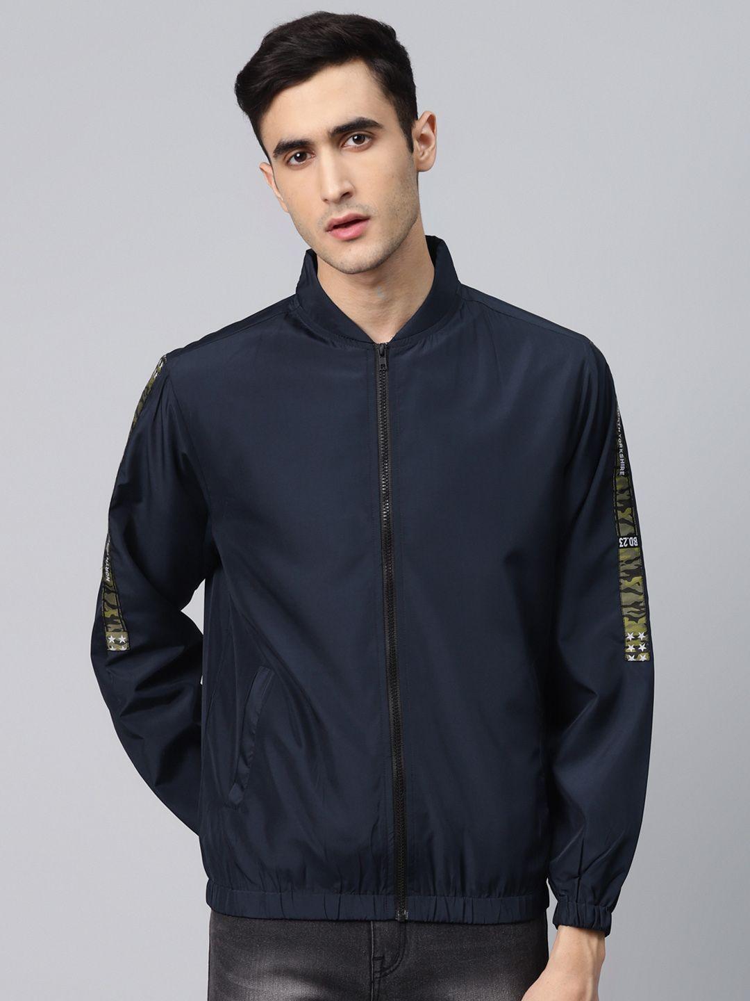 hubberholme men navy blue solid windcheater and water resistant tailored jacket