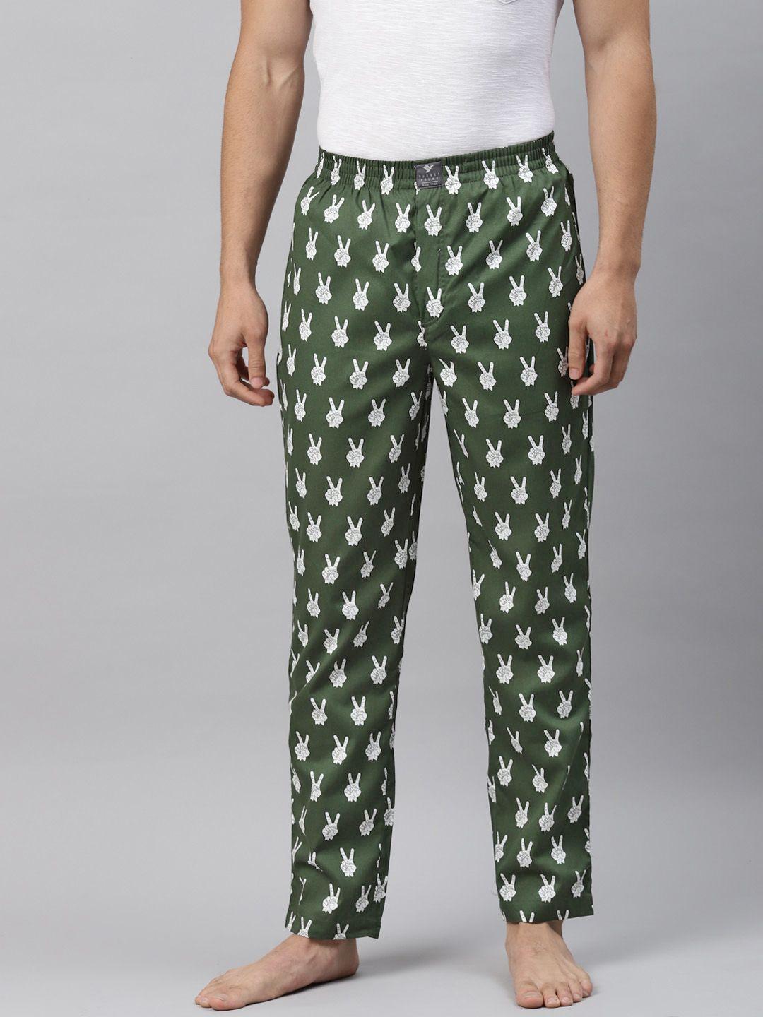 hubberholme men olive green & white conversational printed pure cotton lounge pants