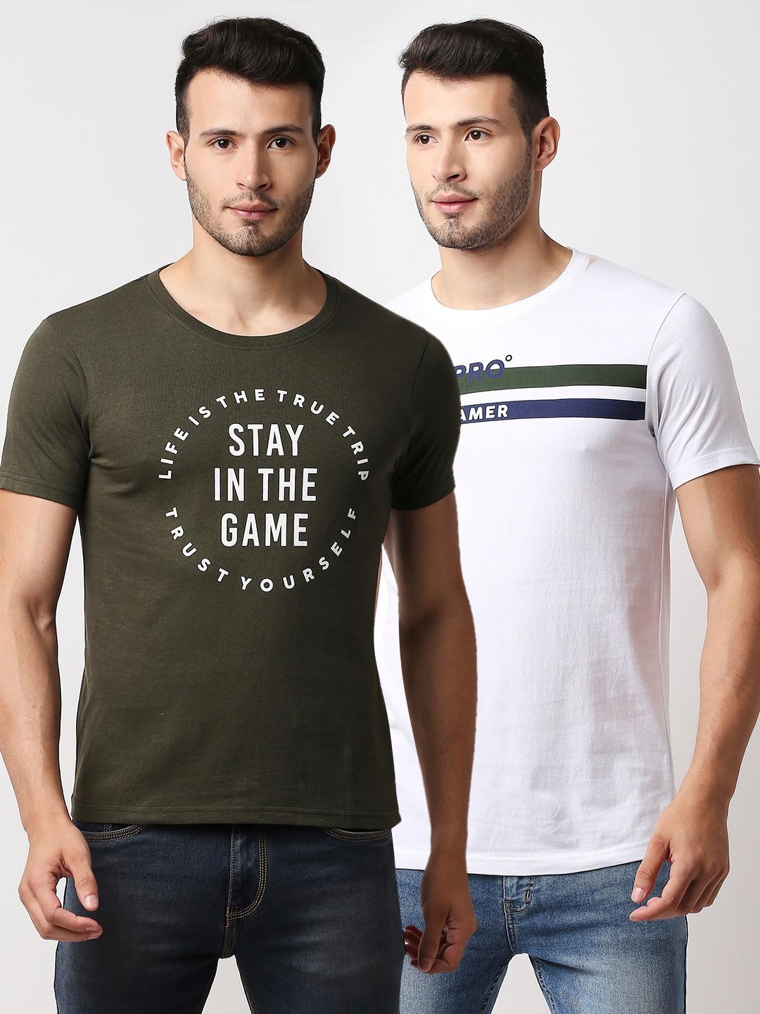 hubberholme men olive green & white pack of 2 typography printed t-shirts