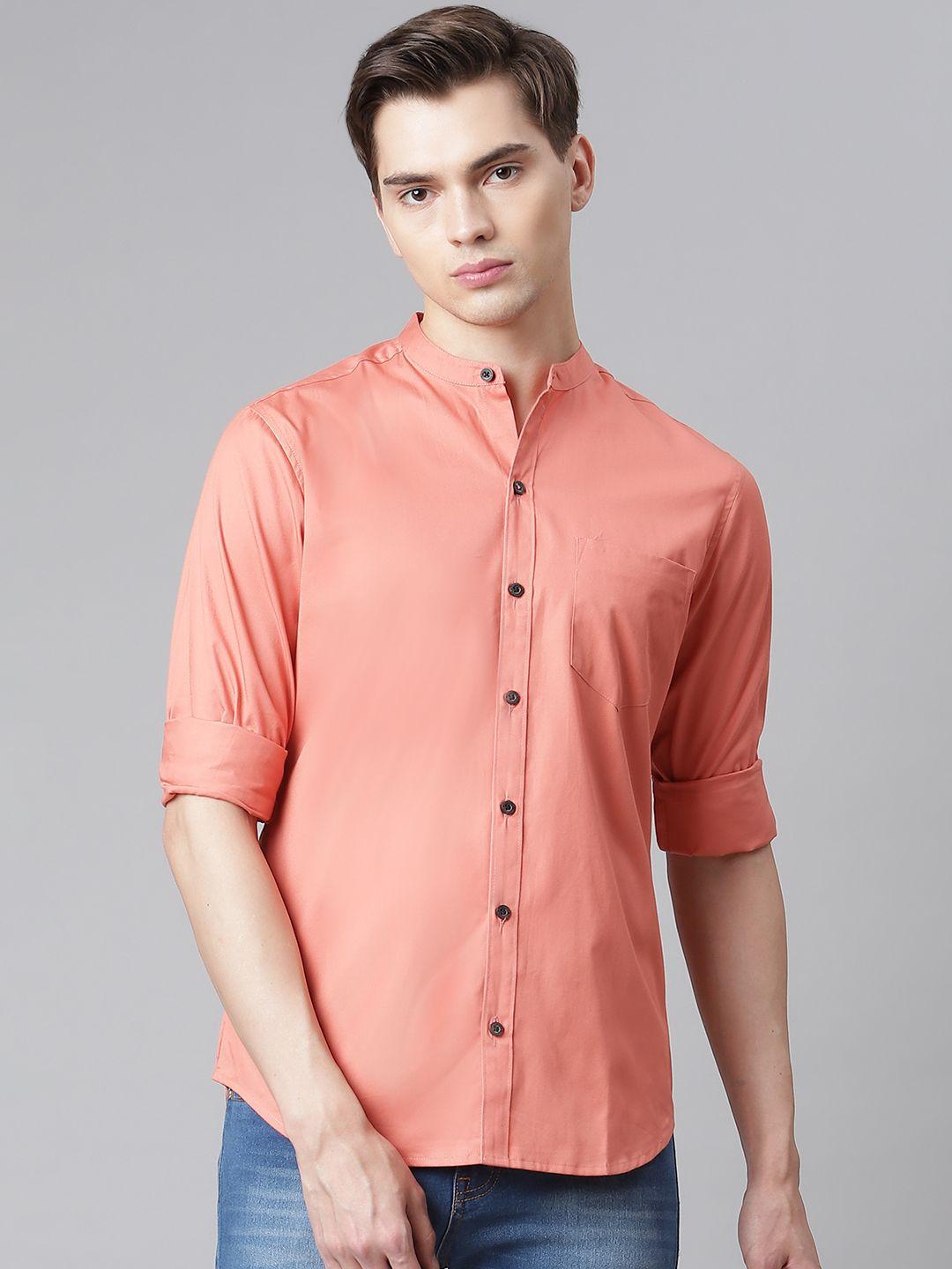 hubberholme men peach-coloured slim fit solid twill weave casual shirt